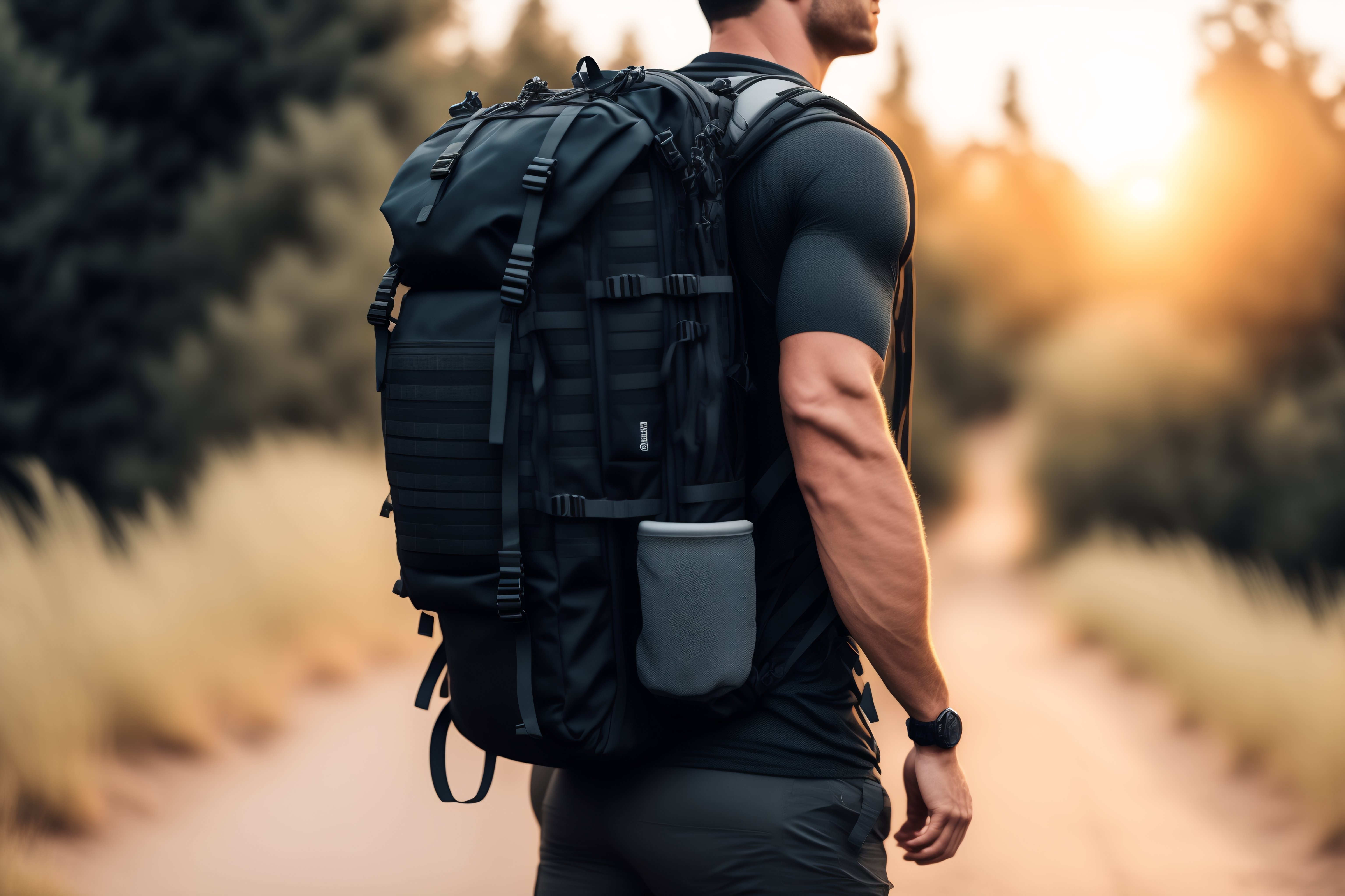 Lexica Illustrate a person doing rucking with a weighted backpack