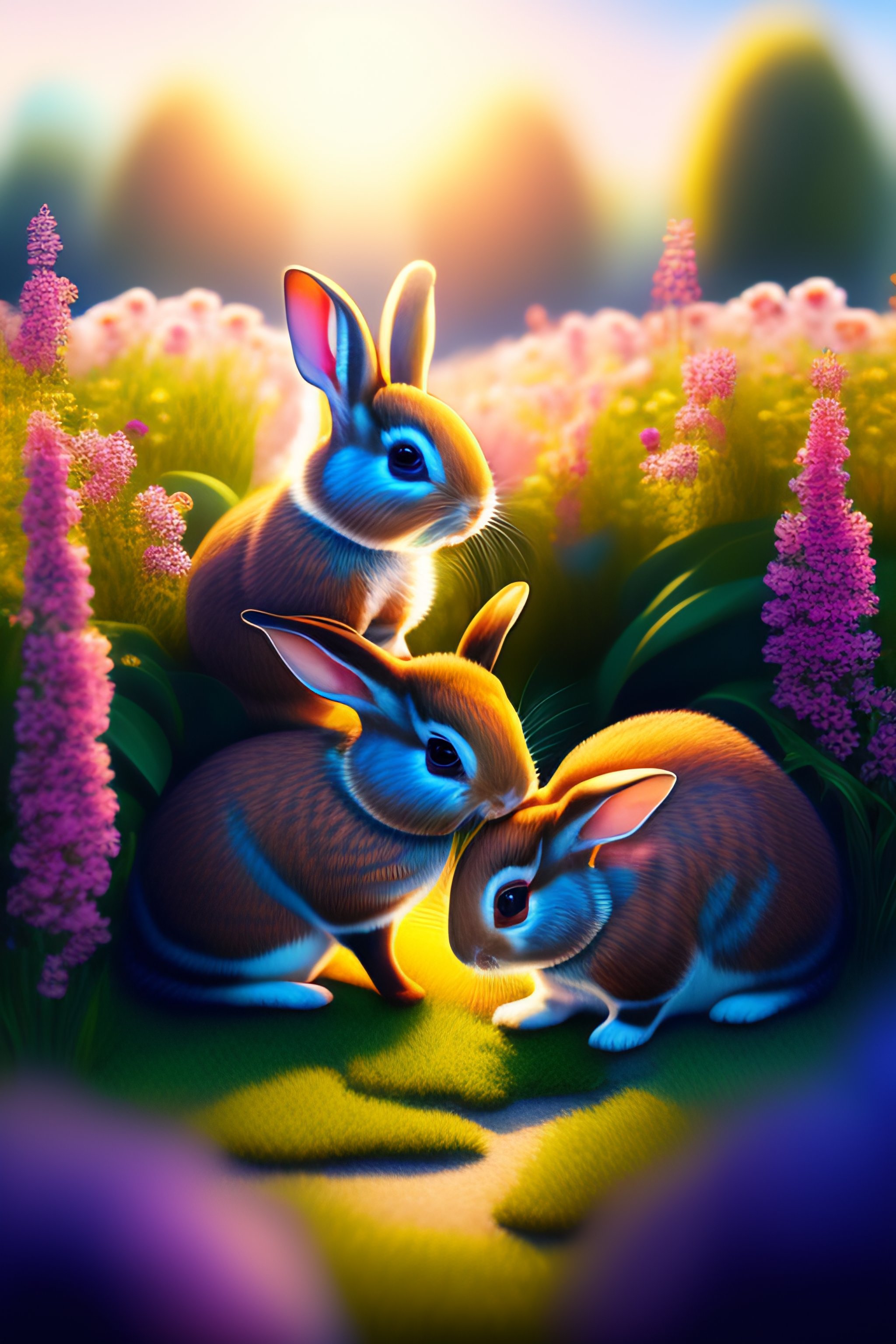 Lexica - Mid-shot two cute rabbits playing in a flower garden best ...