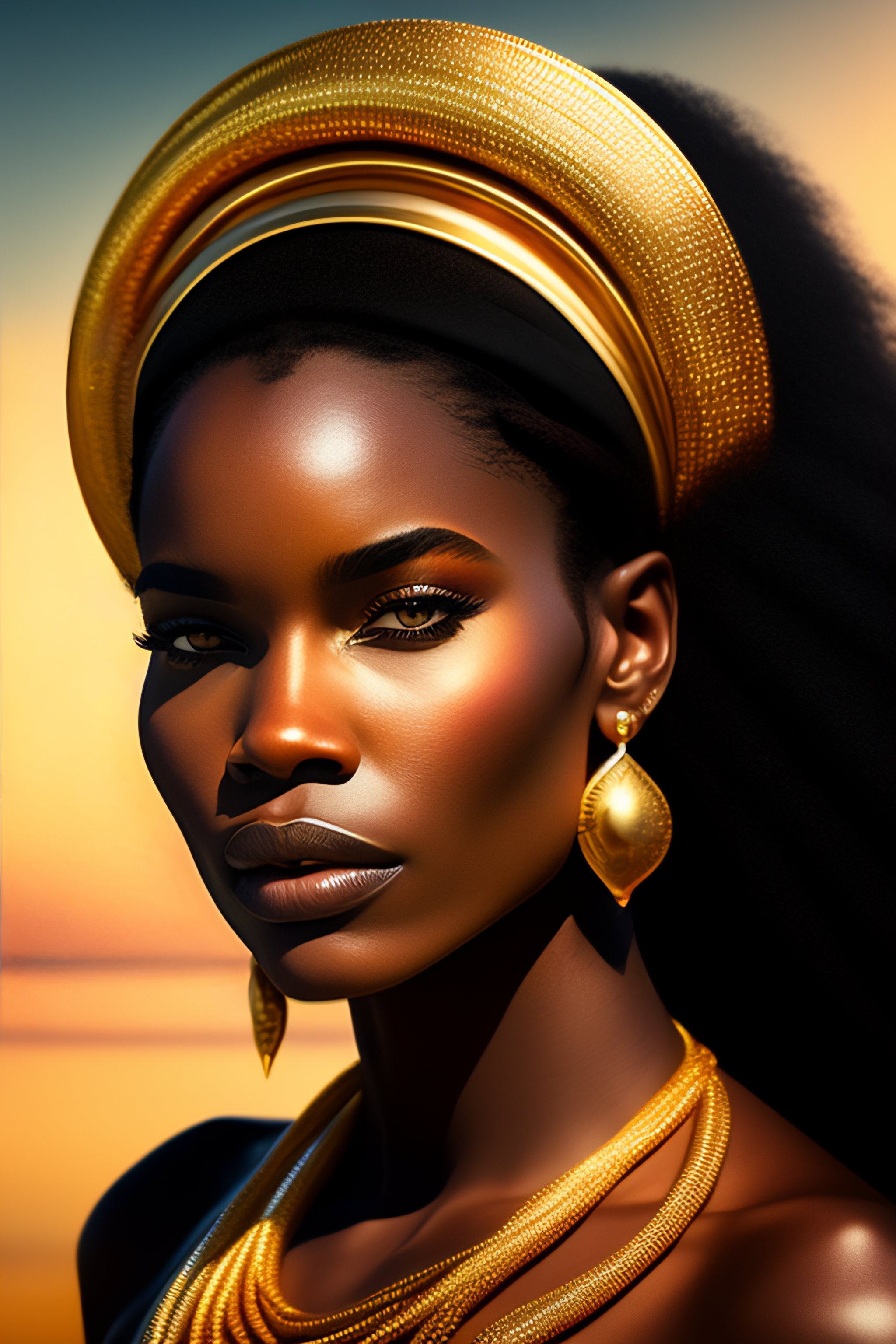 Lexica - Front portrait of African amazon goddess in gold jewelry