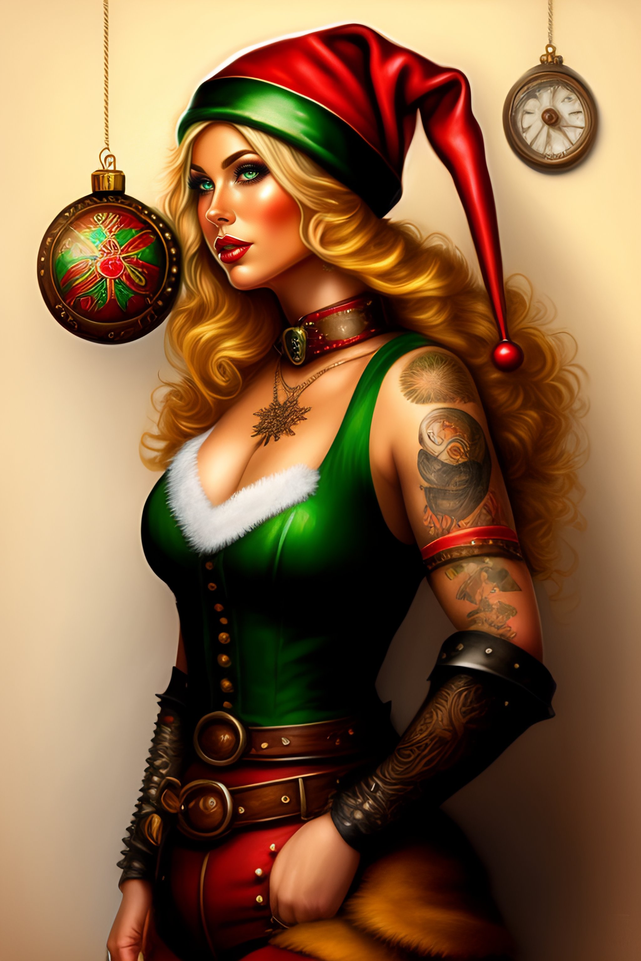 Lexica - Christmas elf, blonde hair, female, tattooed rebel, steam punk,  painted style, santa, gingerbread