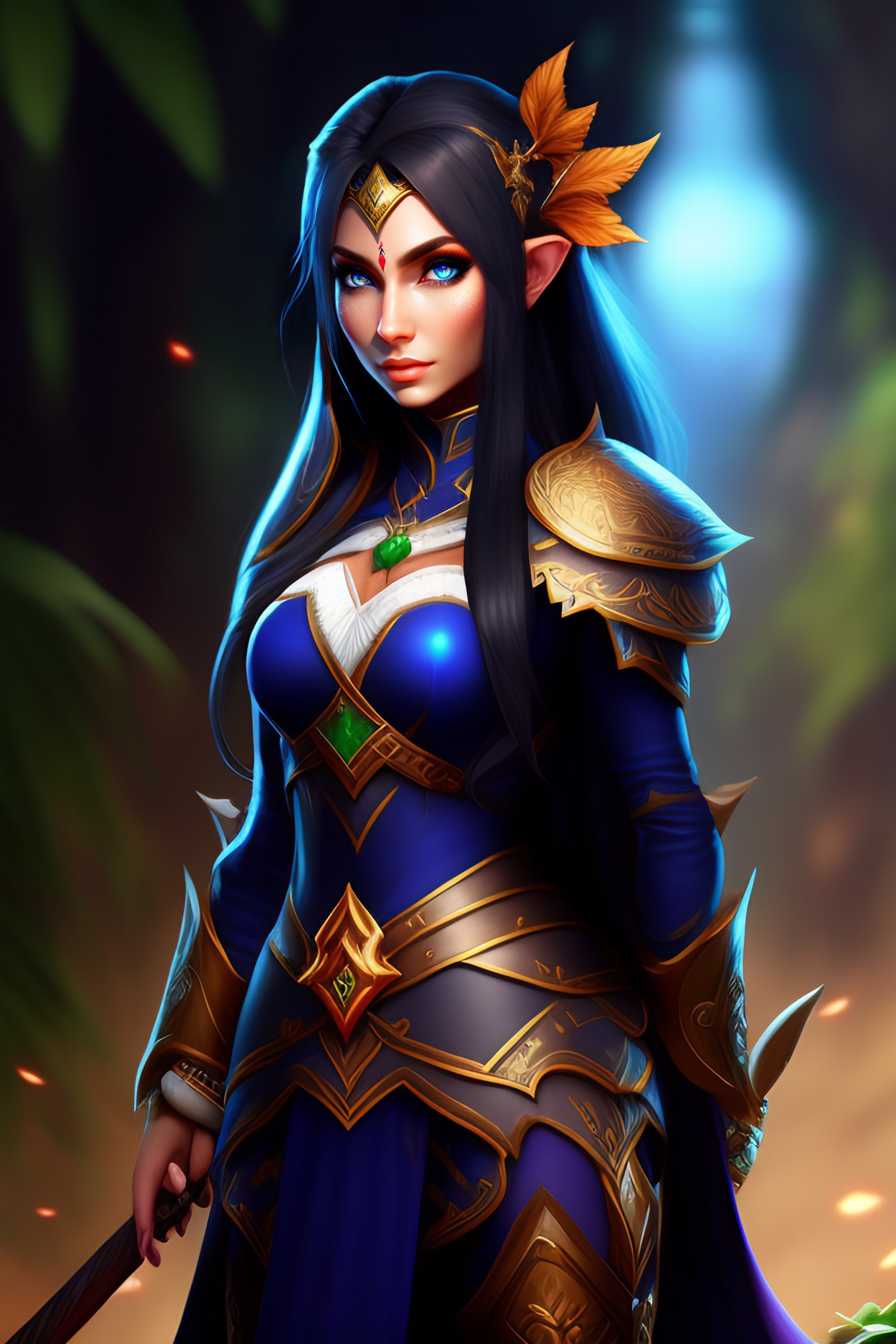 Lexica Elf, dota 2, female, full body, archer, black hair, blue eyes