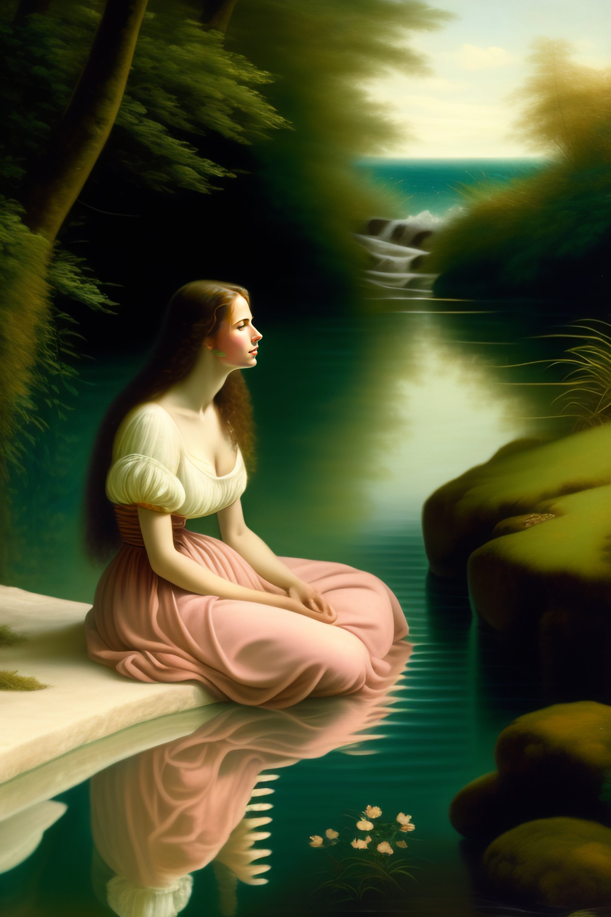 Lexica - A young woman in front full frame, with her feet in the water ...
