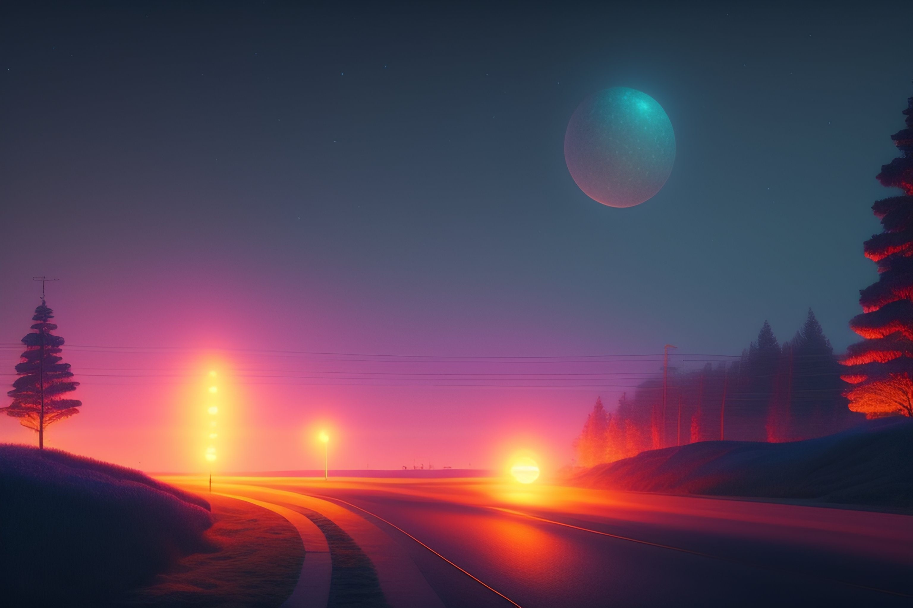 Lexica - Night, road side, single glowing sphere, illustrated by Simon ...