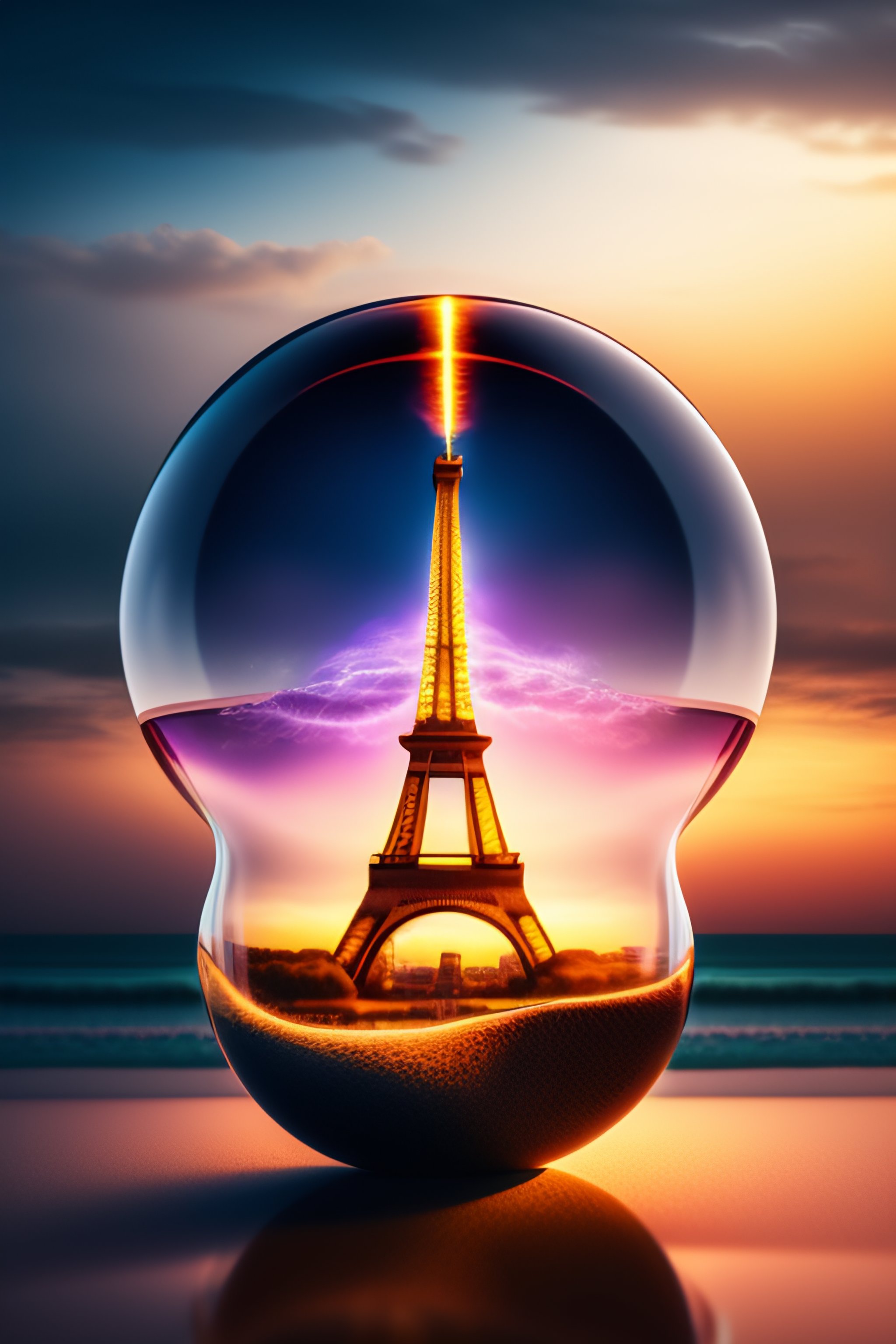 Lexica - Eiffel tower hyper realistic, inside a soap bubble soft lightning,  background at the beach