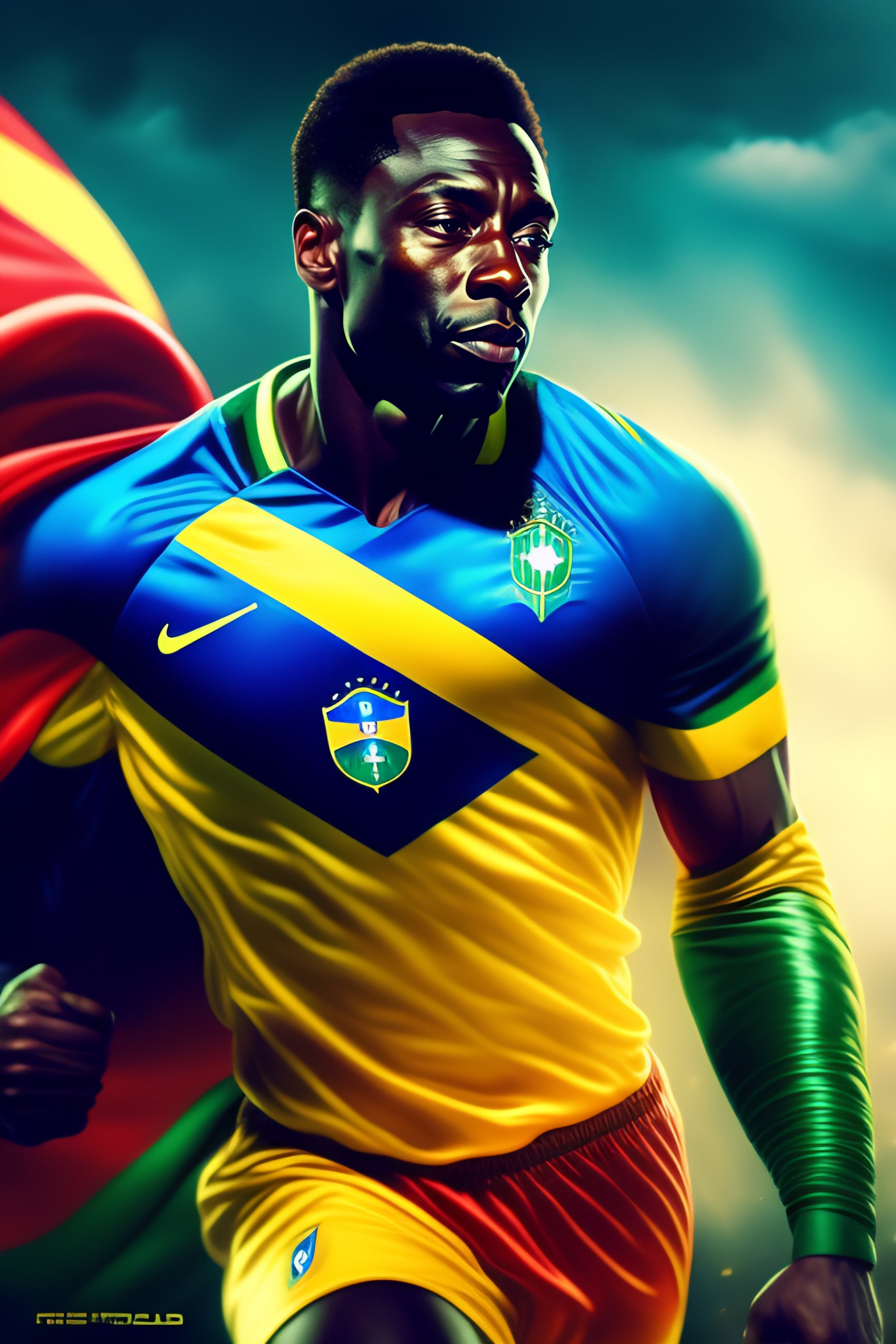 Lexica - Pelé as super hero, brazil flag, sky, intricate, highly ...