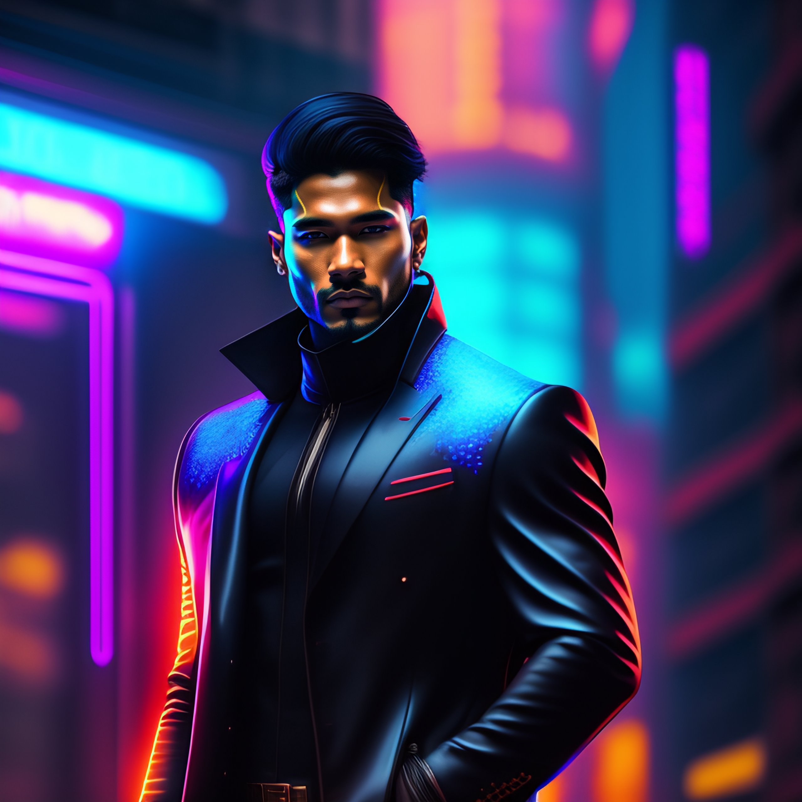 Lexica - Neon man,cyberpunk,black coat suit,indian,body front