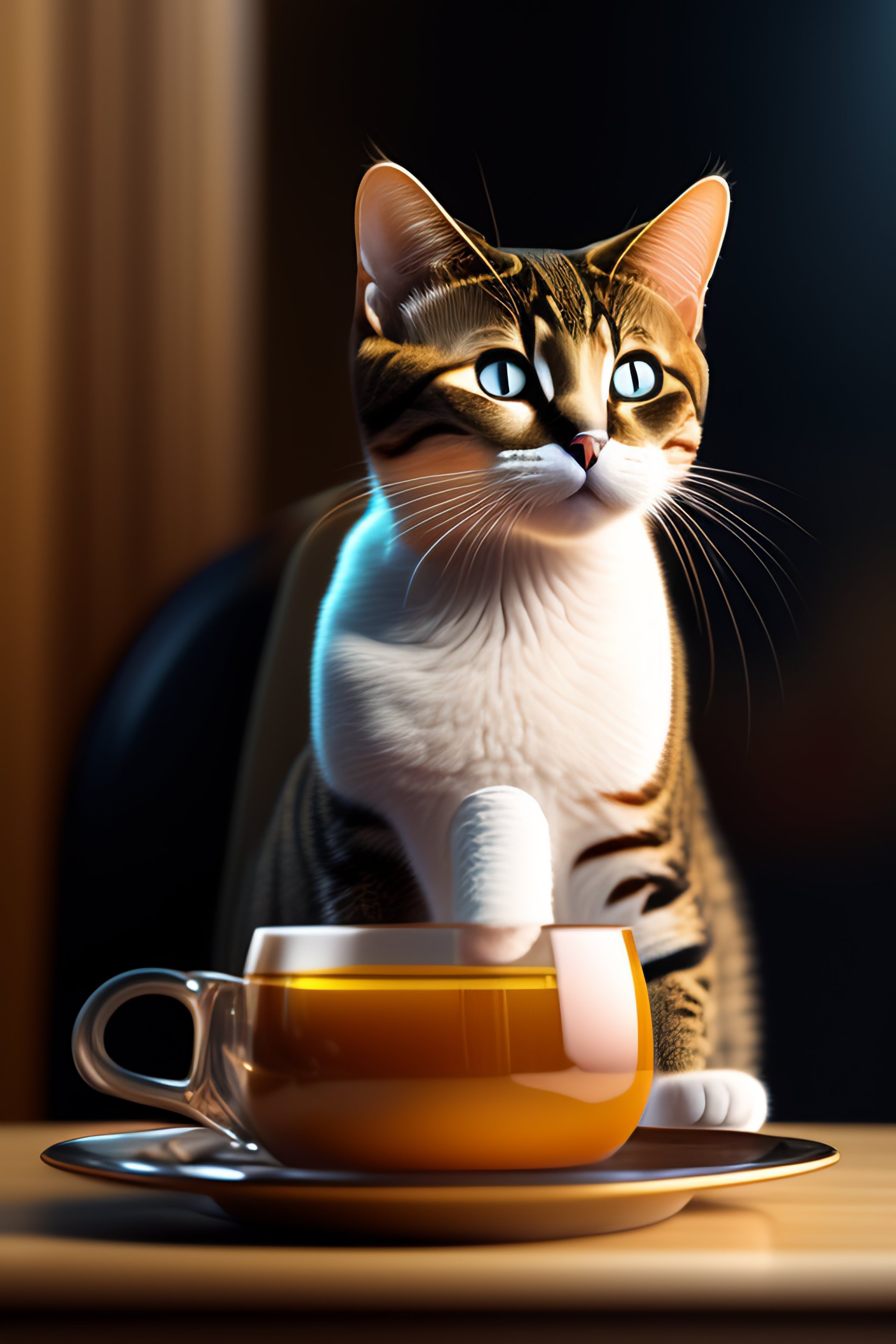 Lexica An anthropomorphic cat drink tea, natural