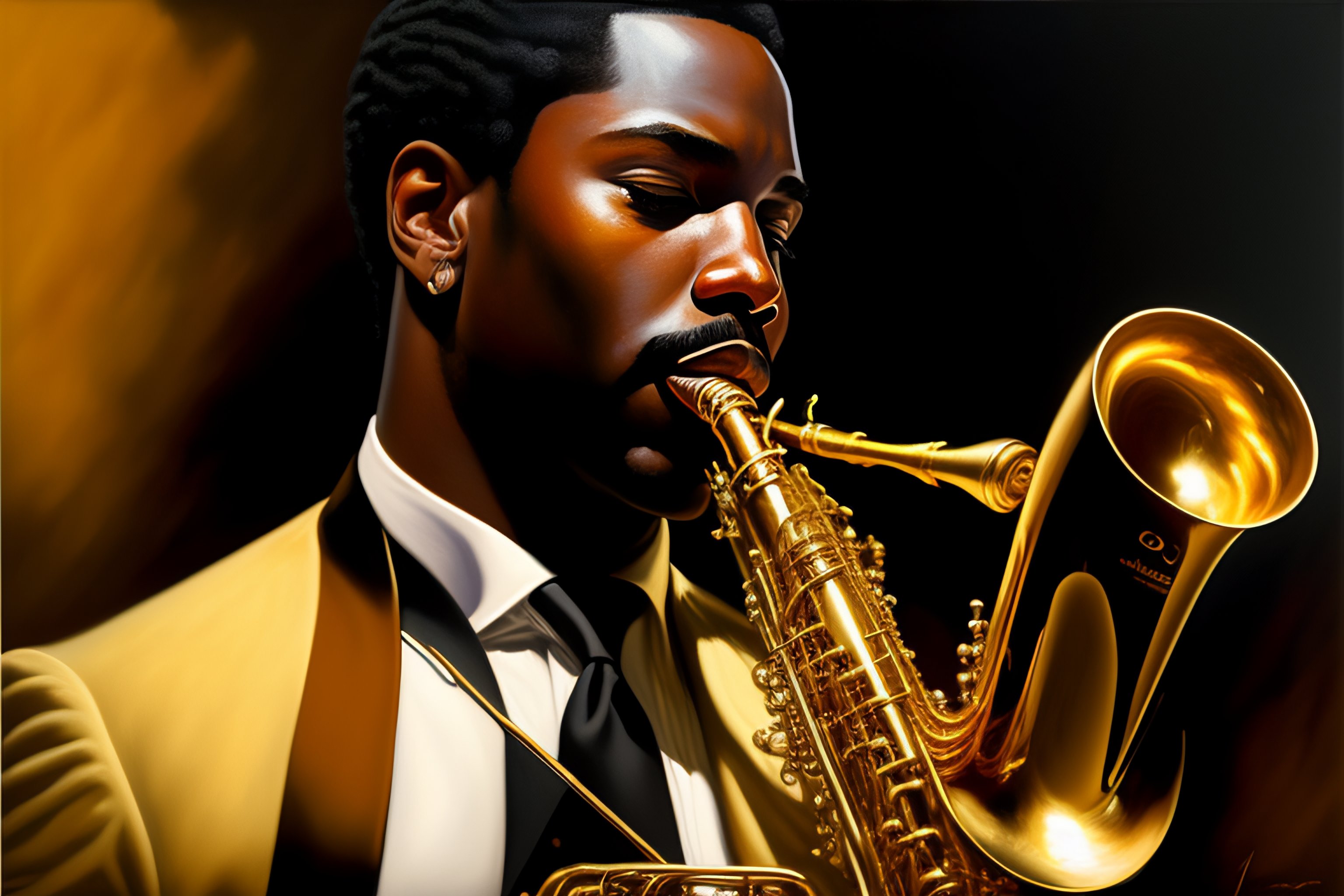 Lexica Black jazz saxophonist playing a golden saxophone oil painting