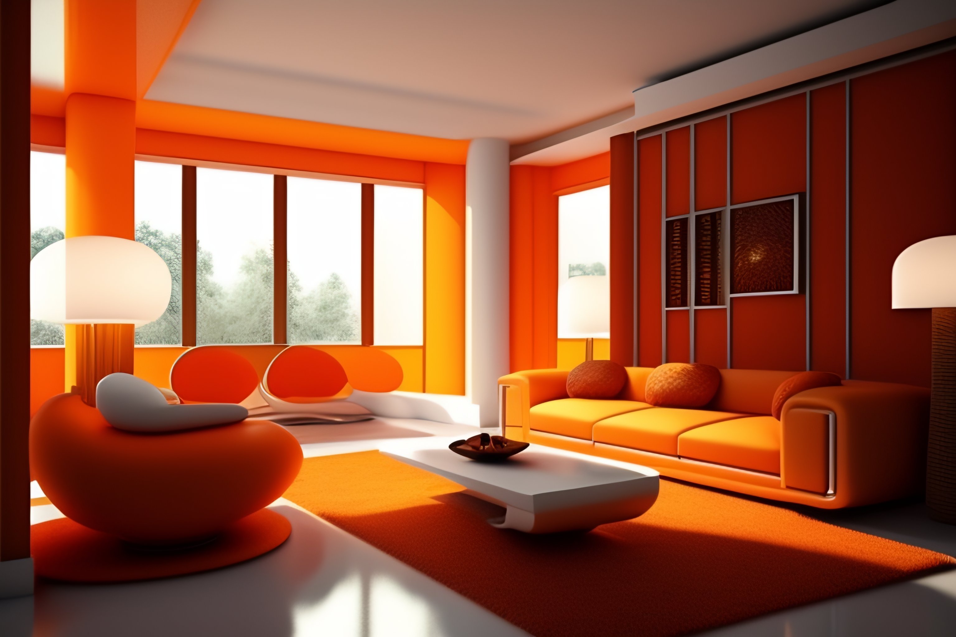 Lexica Orange and white living room, frank lloyd wright style