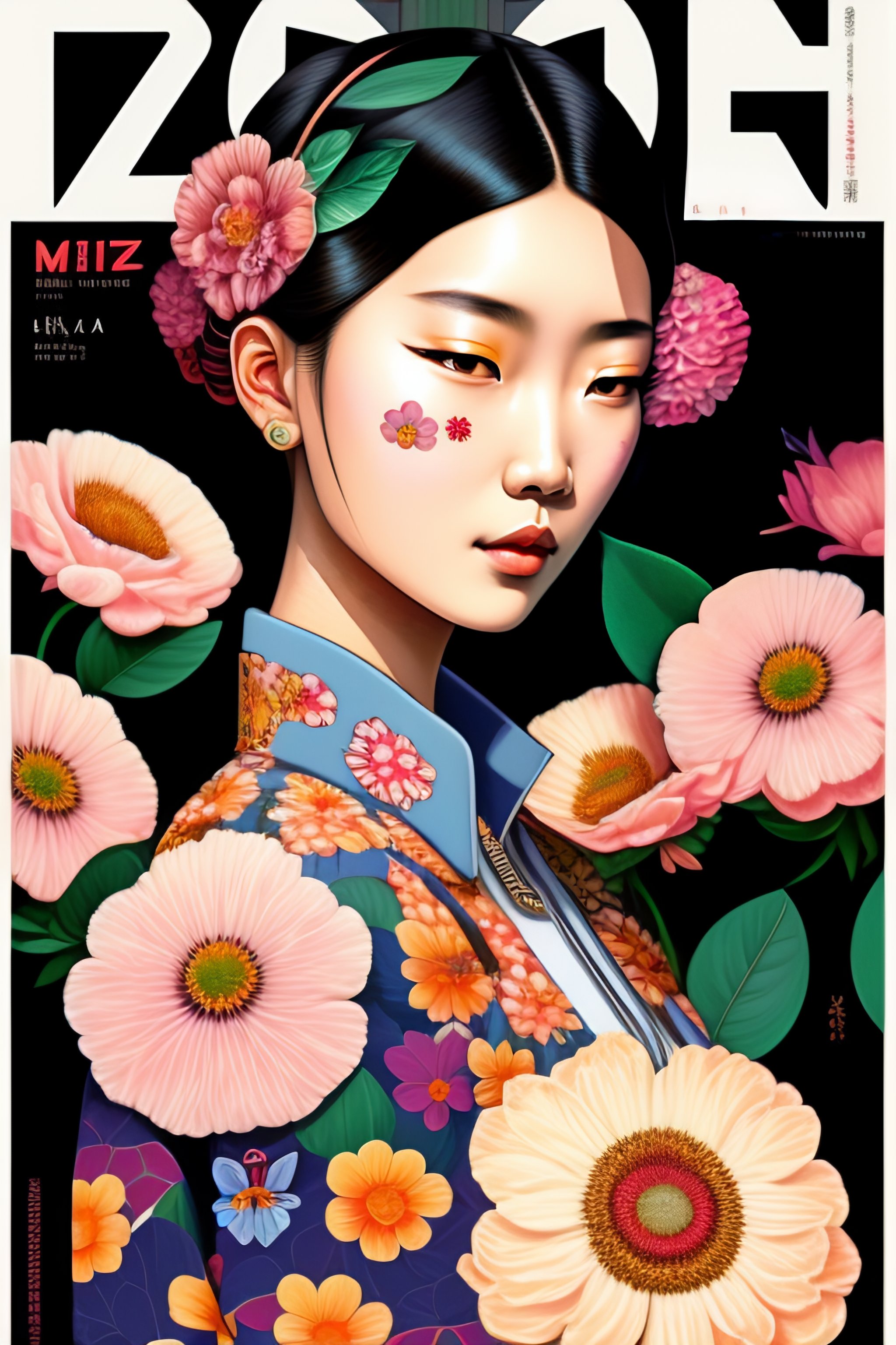 Lexica - Magazine cover poster, upper portrait of woman wearing floral ...
