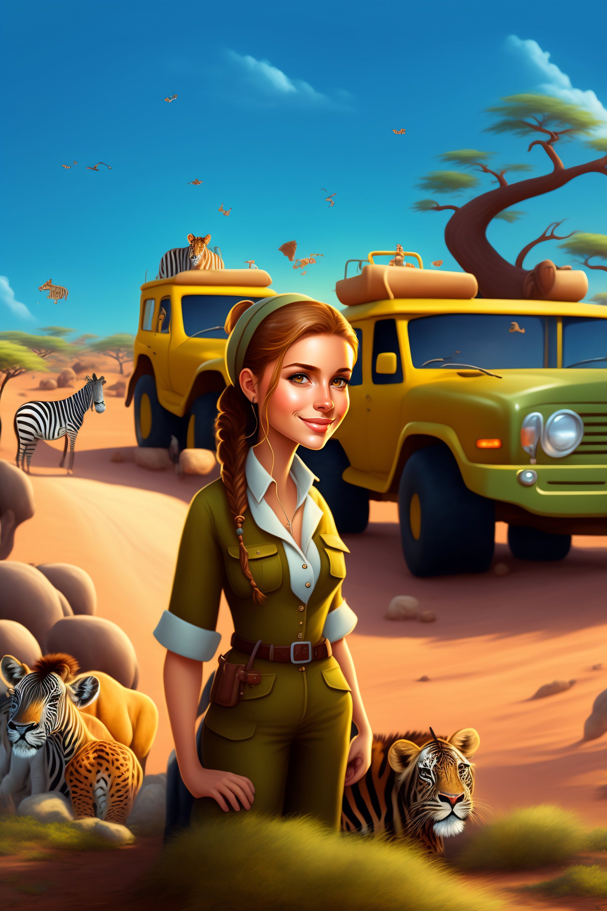Lexica A young adult female zoologist on a Safari, digital art, Pixar
