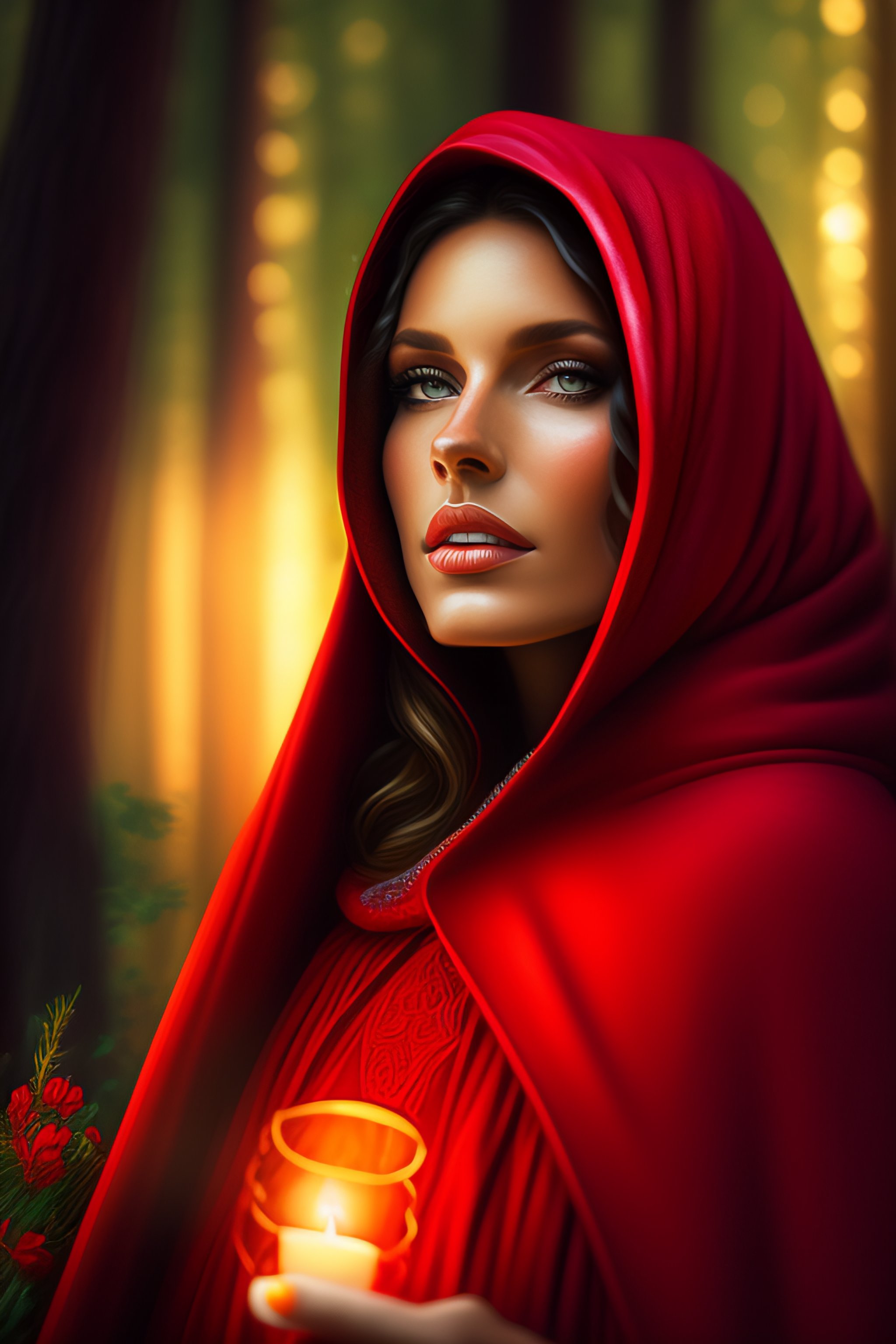 Lexica - Closeup portrait of a cute red riding hood in a dark spooky ...