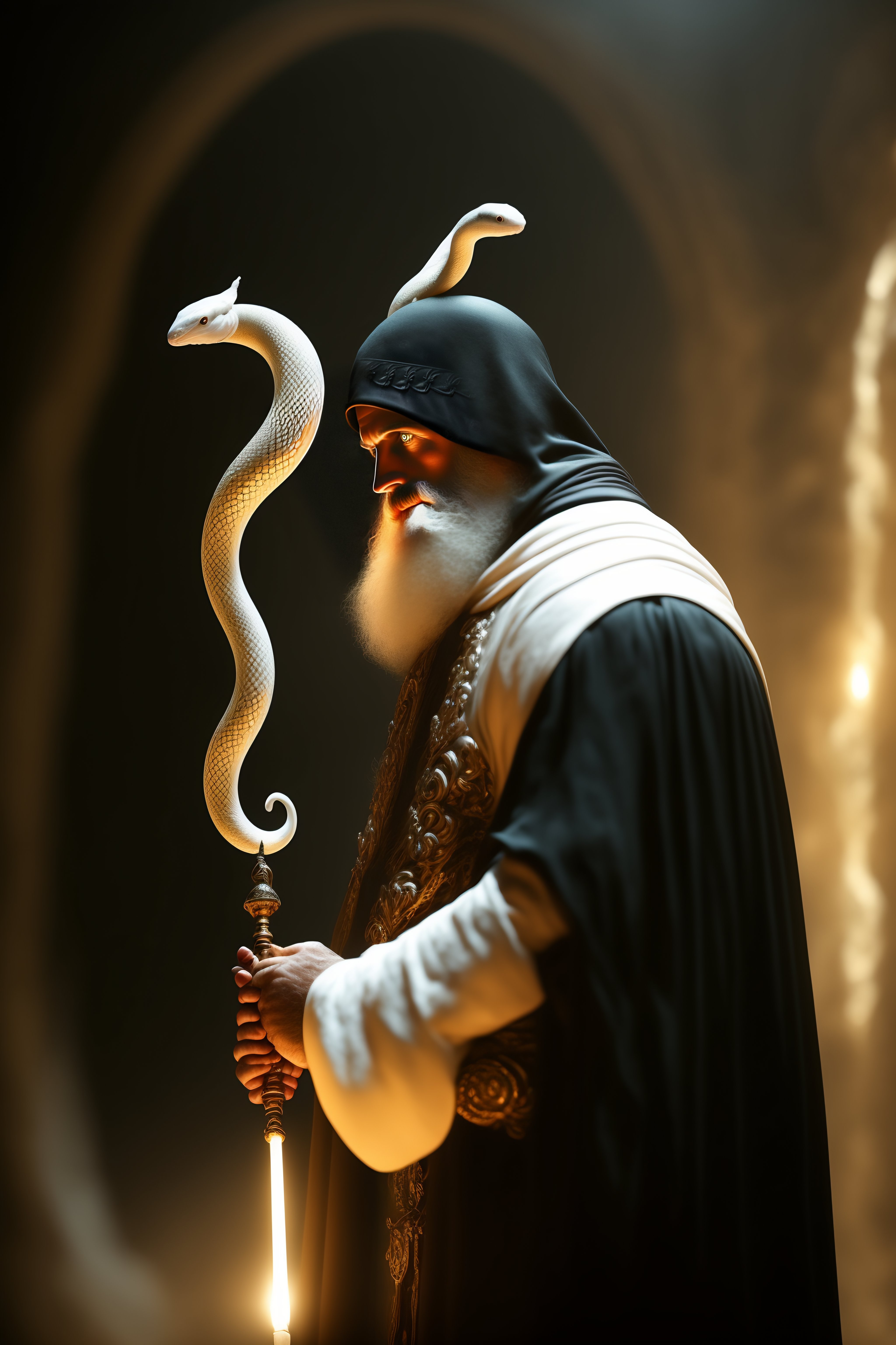 Lexica - One Greek wizard in dark robe hold a staff that has a white ...