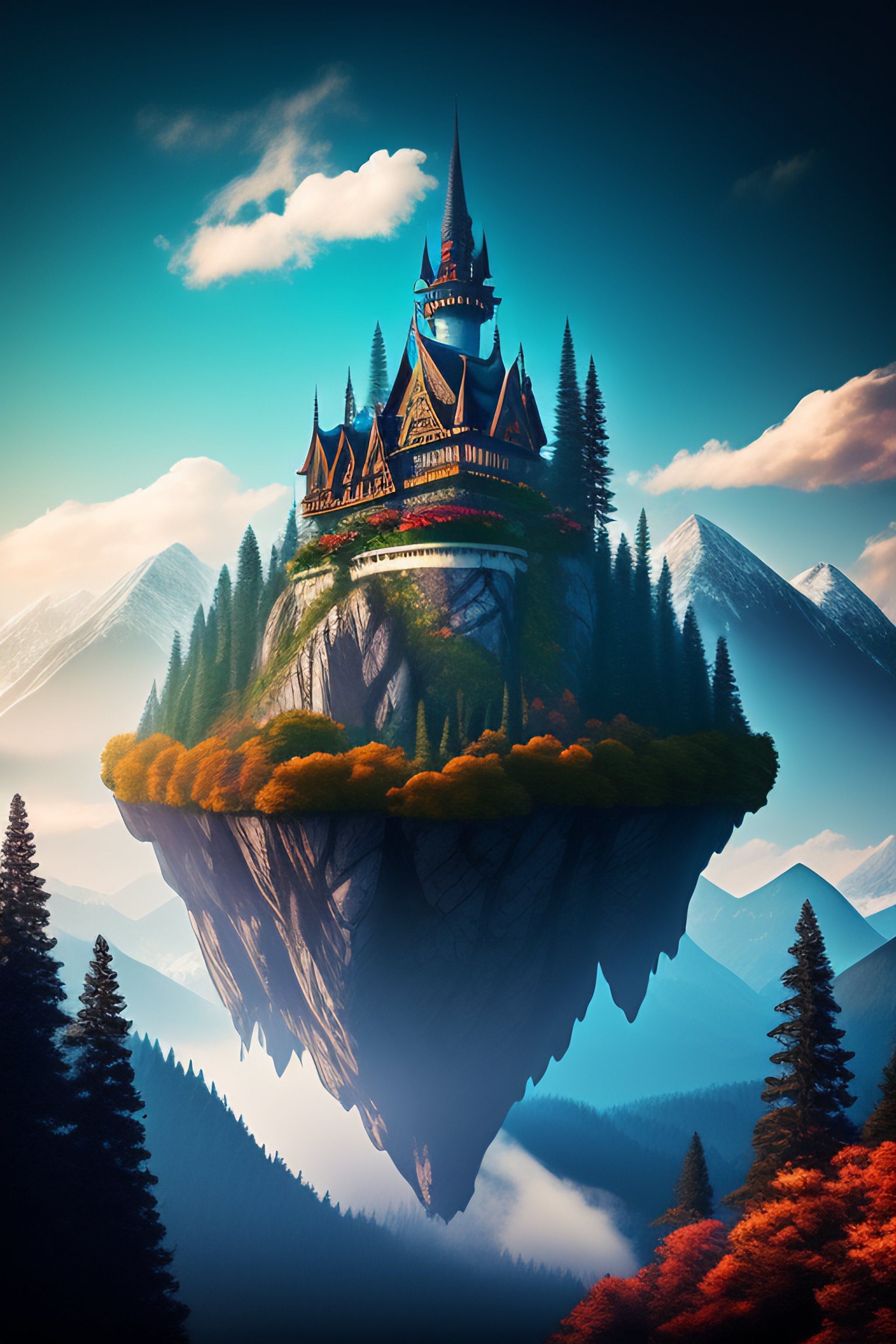 Lexica - Humble wIzard castle floating in the sky with forests and ...