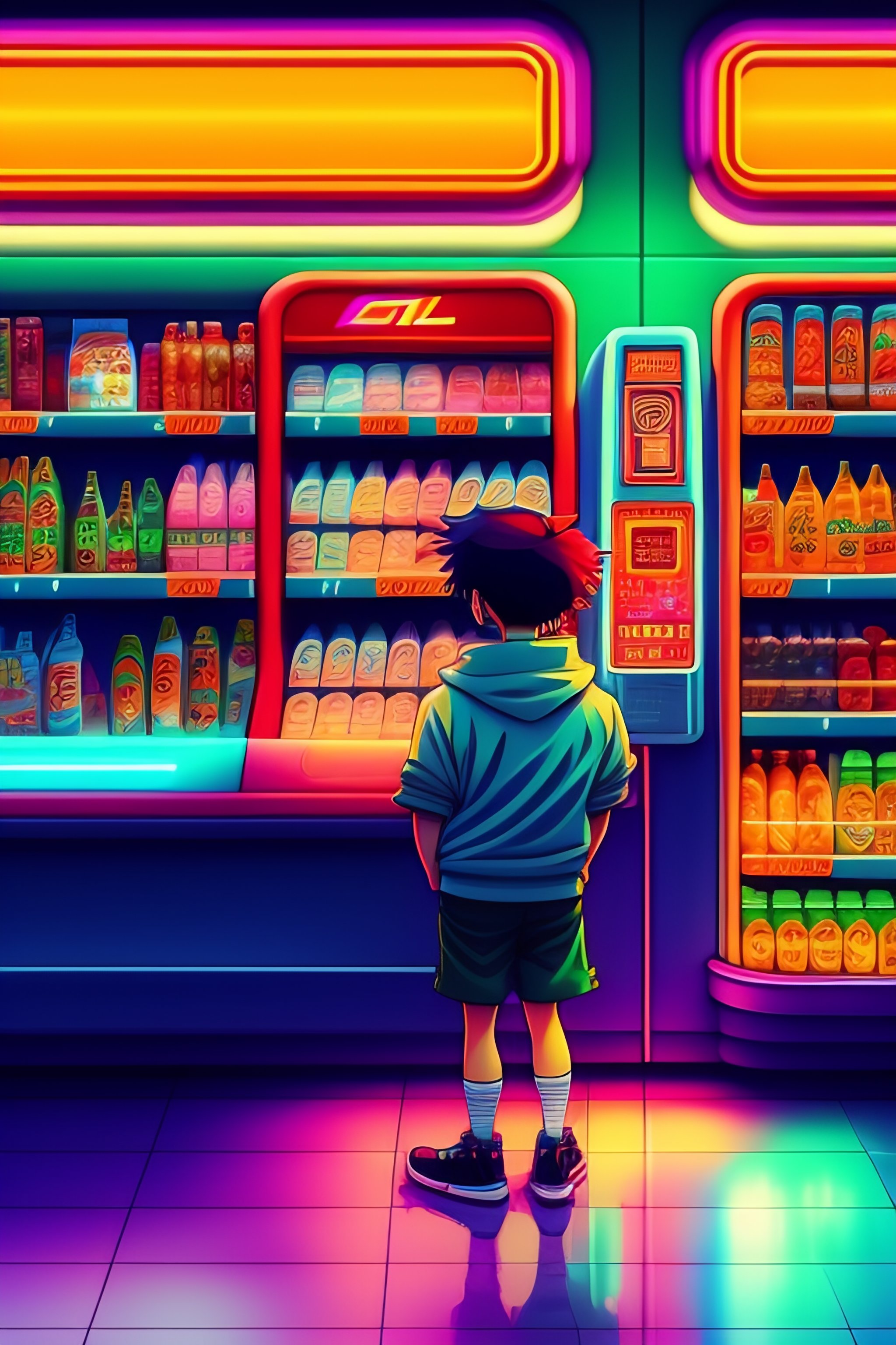 Lexica - Boy inside a 7/11 convenience store. drink aisle in the style ...