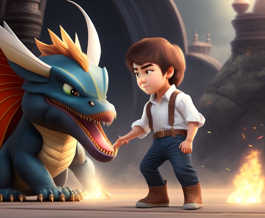 Lexica - An intense battle between a dragon and a boy, pixar style