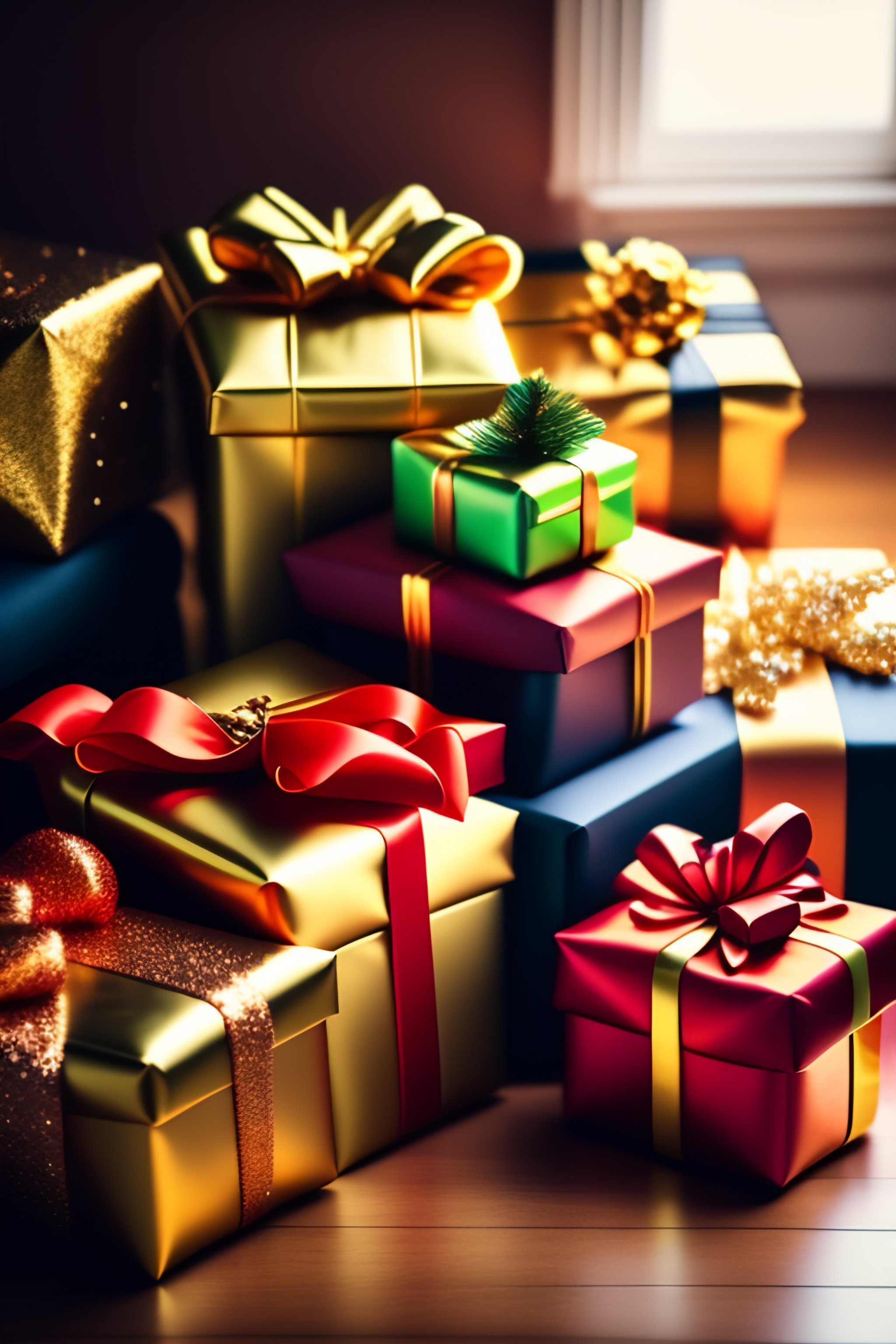 Lexica - Image of many gift packages on top of each other in a room