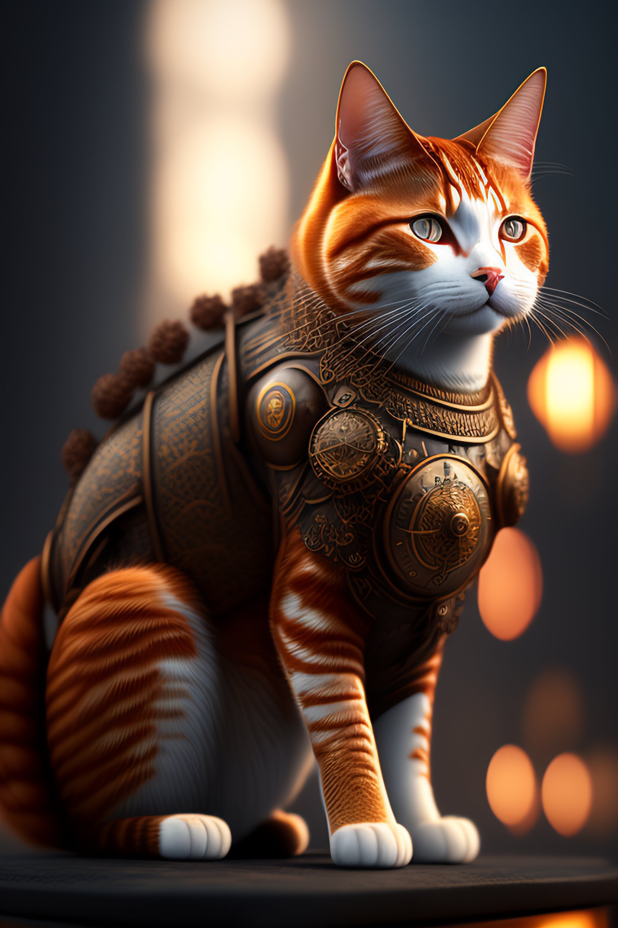 Lexica Armored ginger cat made of rusty clocks, gadgets and tools dramatic,extremely detailed