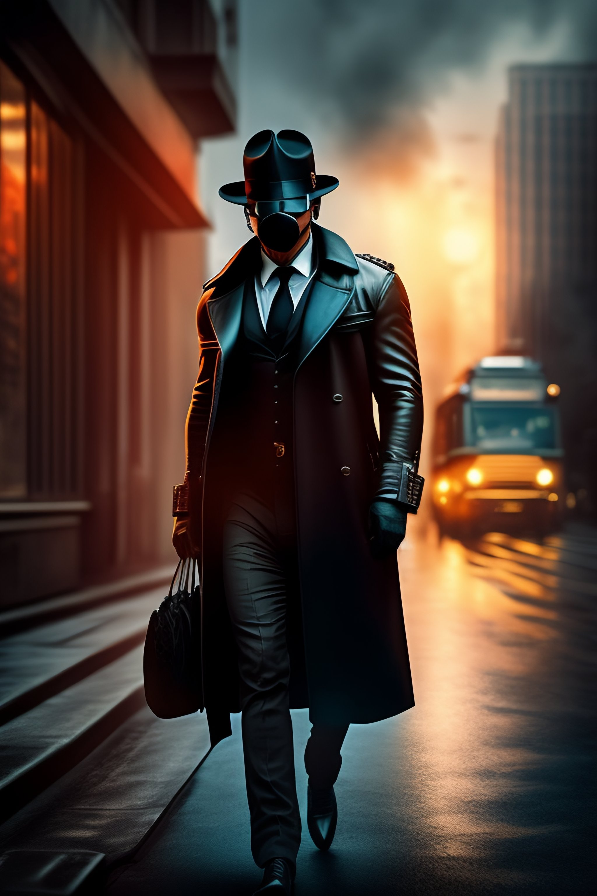 Lexica Detective Fedora Hat Black Trenchcoat Gasmask Sunglasses Technology Crime Seedy 