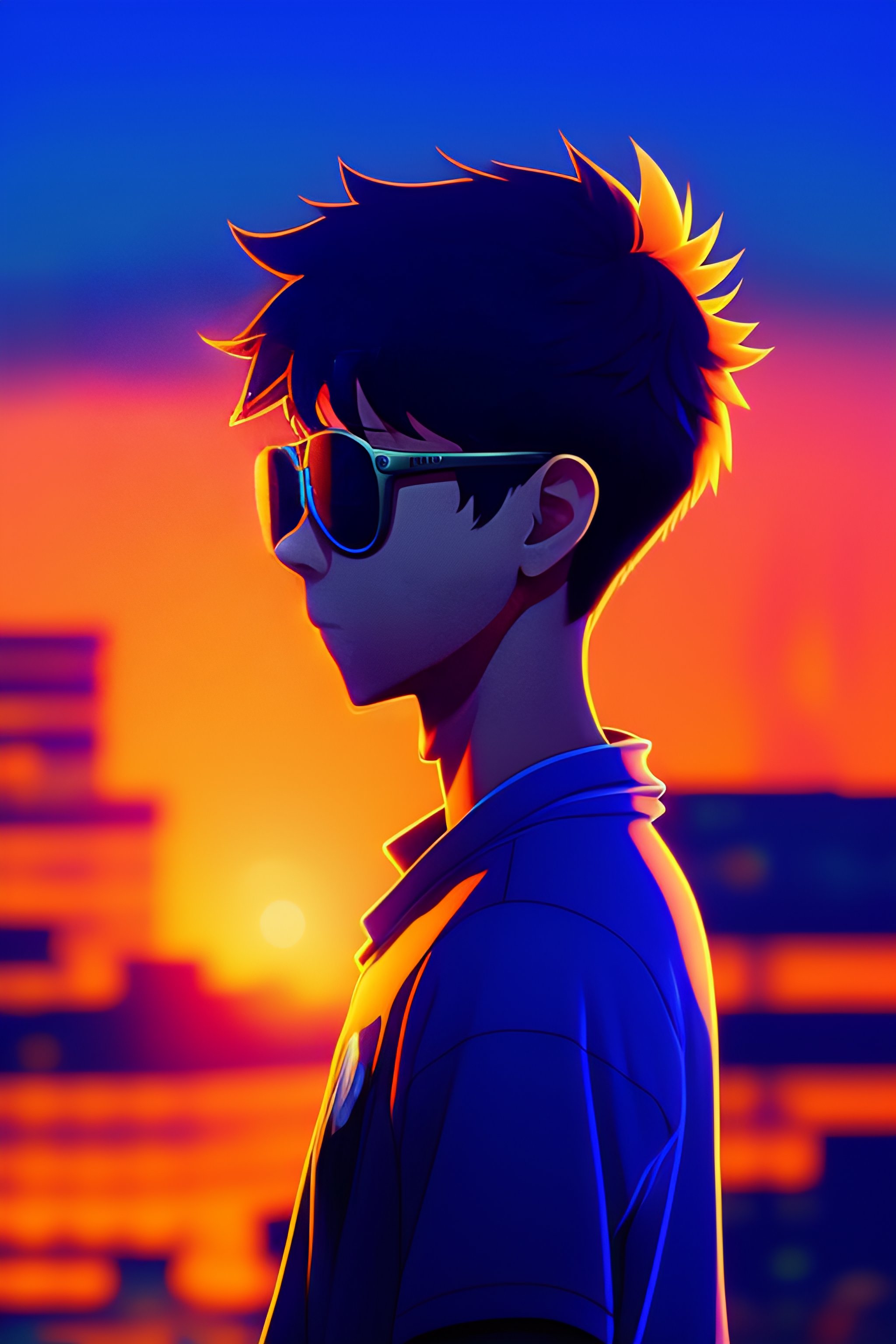 Image of a stylish anime boy with sunglasses in a stormy background