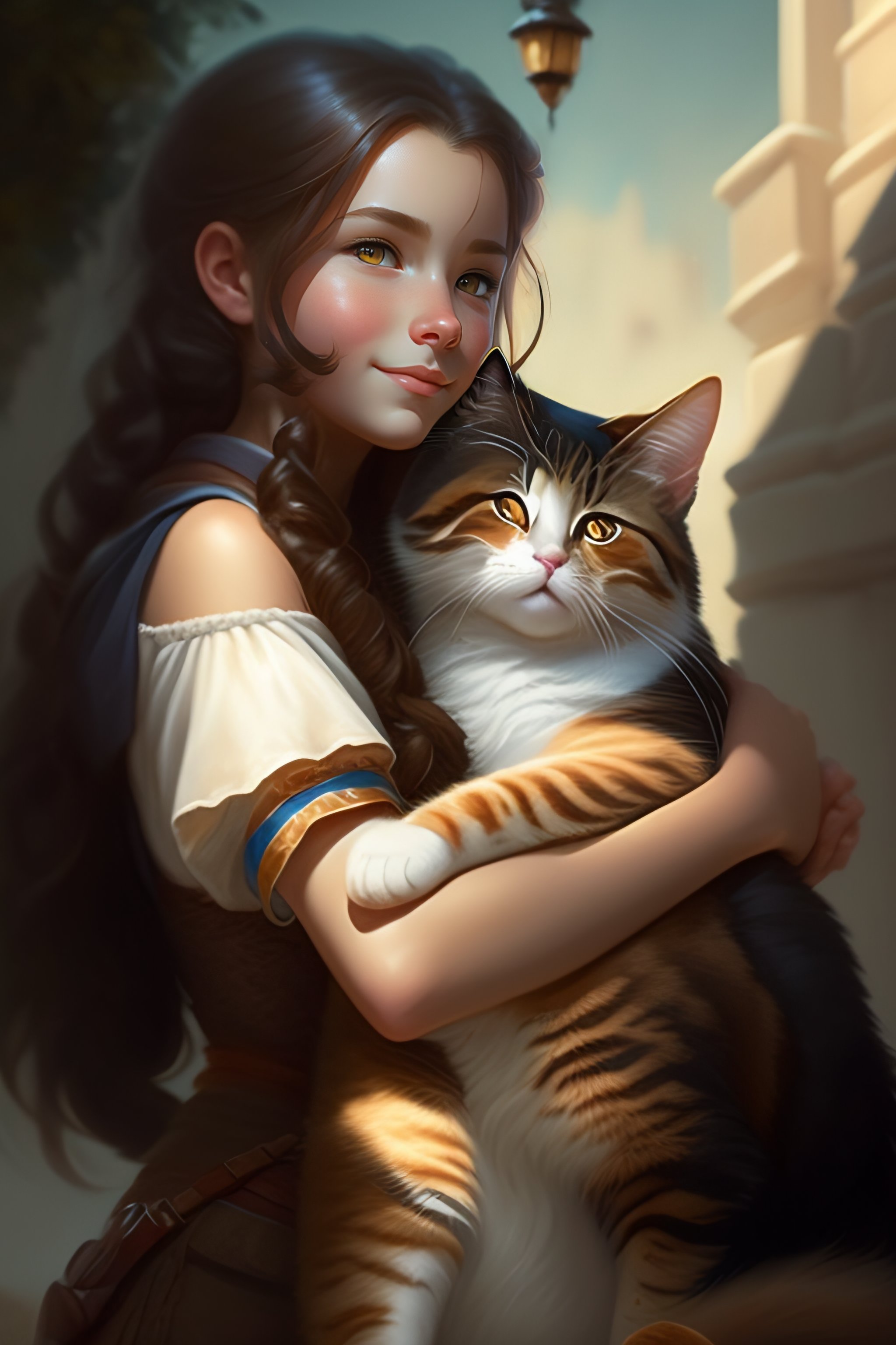 Lexica - A detailed portrait of a cute brunette girl hugging a tabby ...