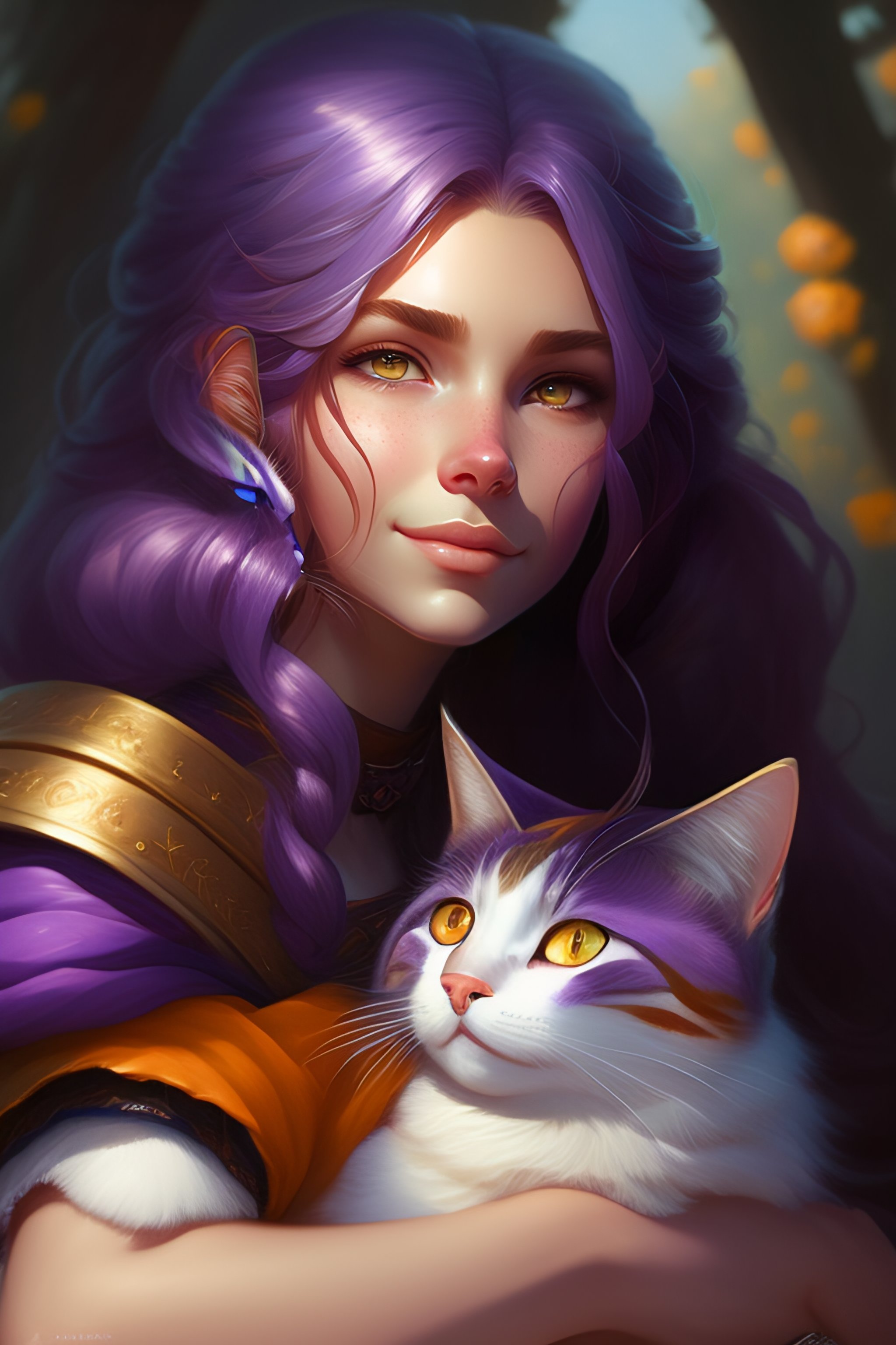 Lexica - A detailed portrait of a cute calm purple hair girl hugging a ...