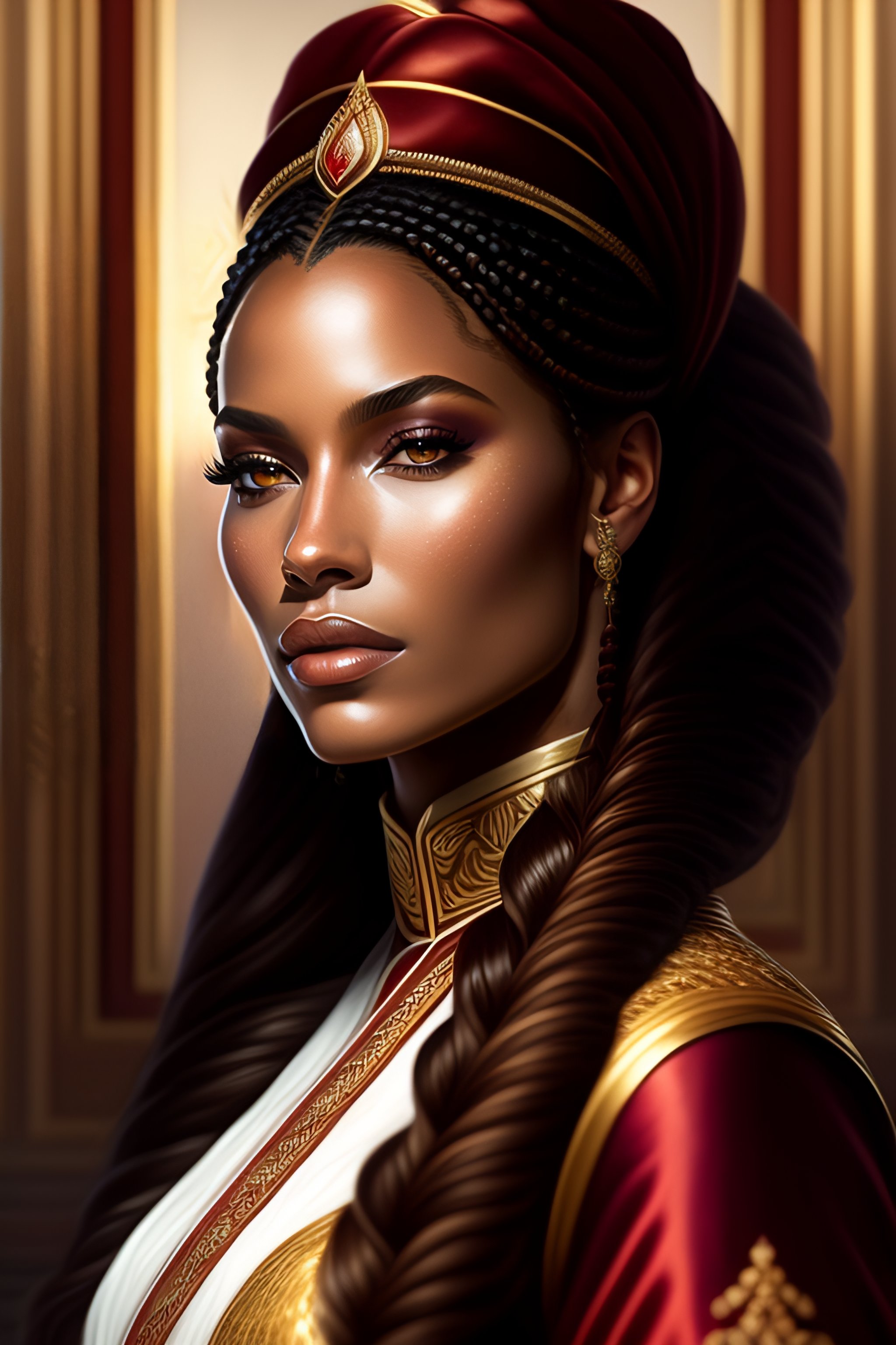 Lexica - Portrait of a queen with long marsala color braided hair ...