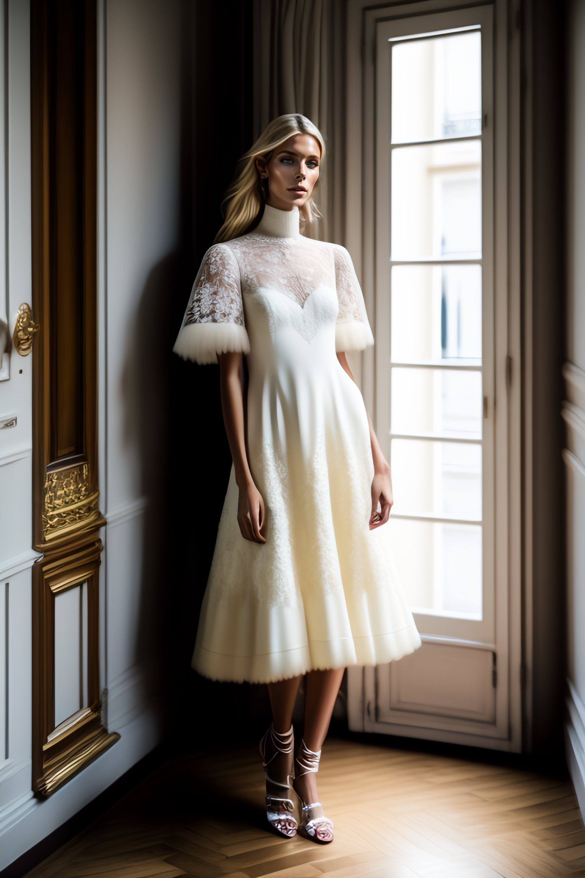 Lexica - Blond fashion model wearing a up the knee short wedding dress ...