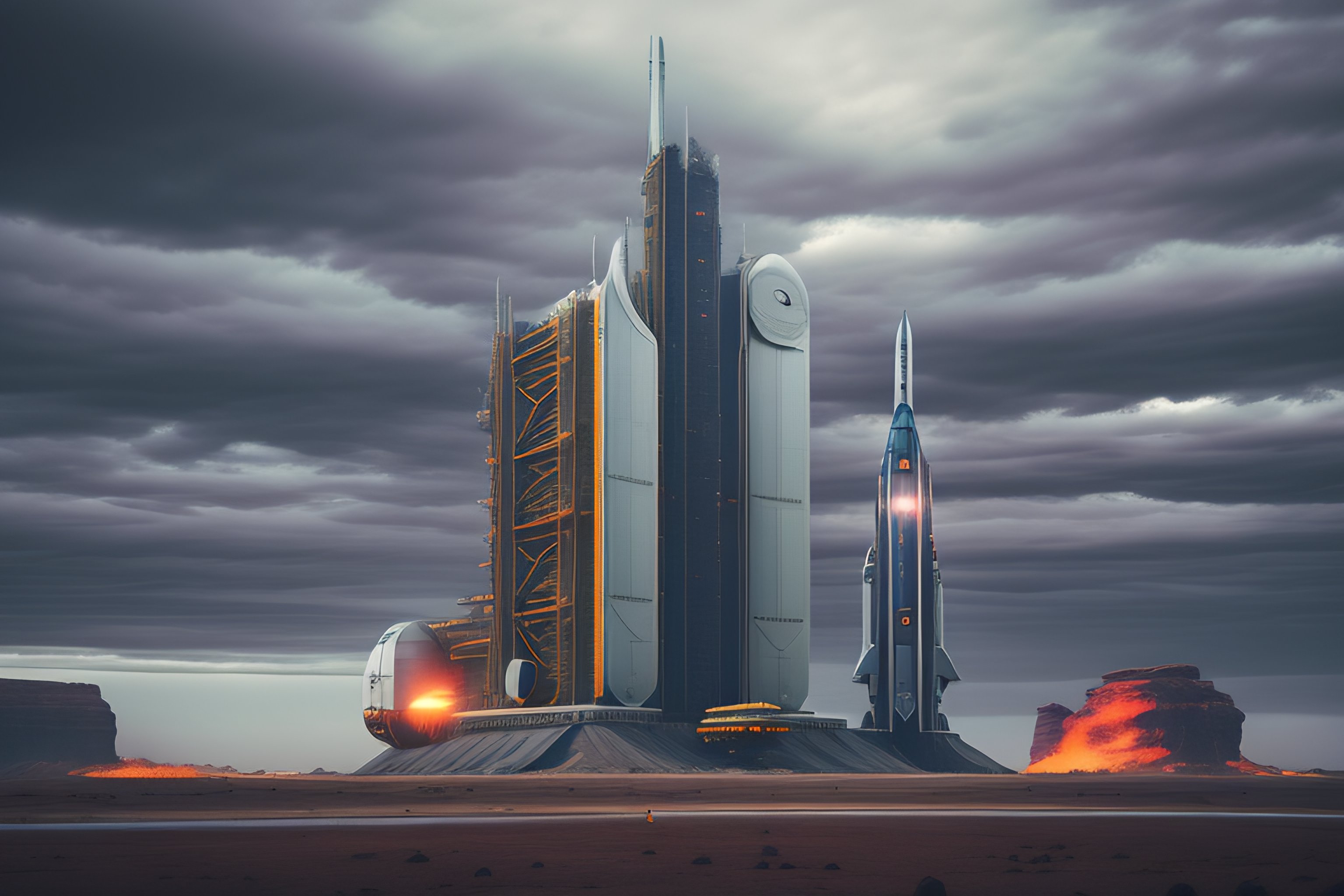 Lexica - Giant scifi space rocket, fired from launch platform, exhaust ...