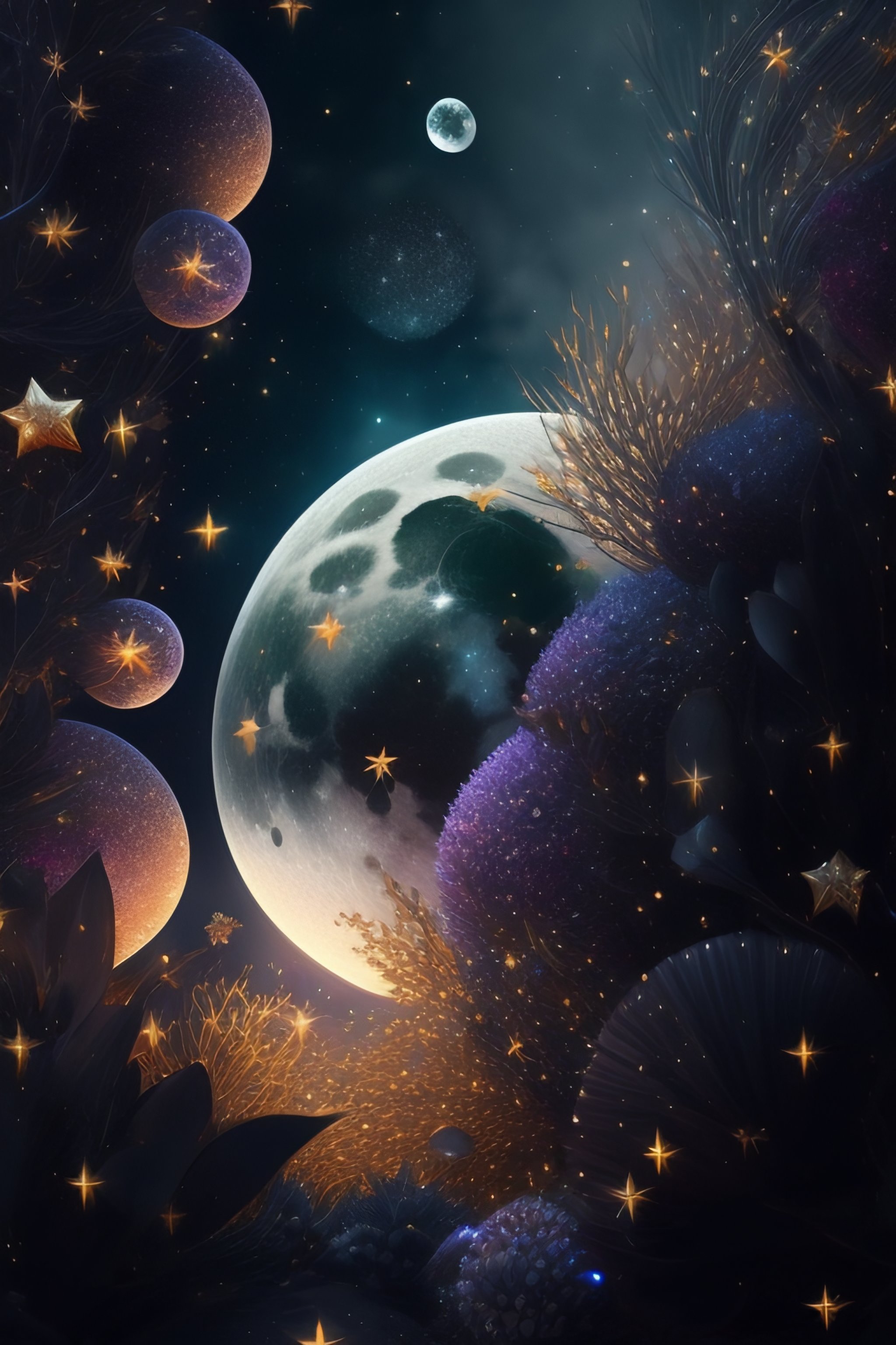 Lexica - Whimsical detailed fantasy one moon with black sky win stars ...
