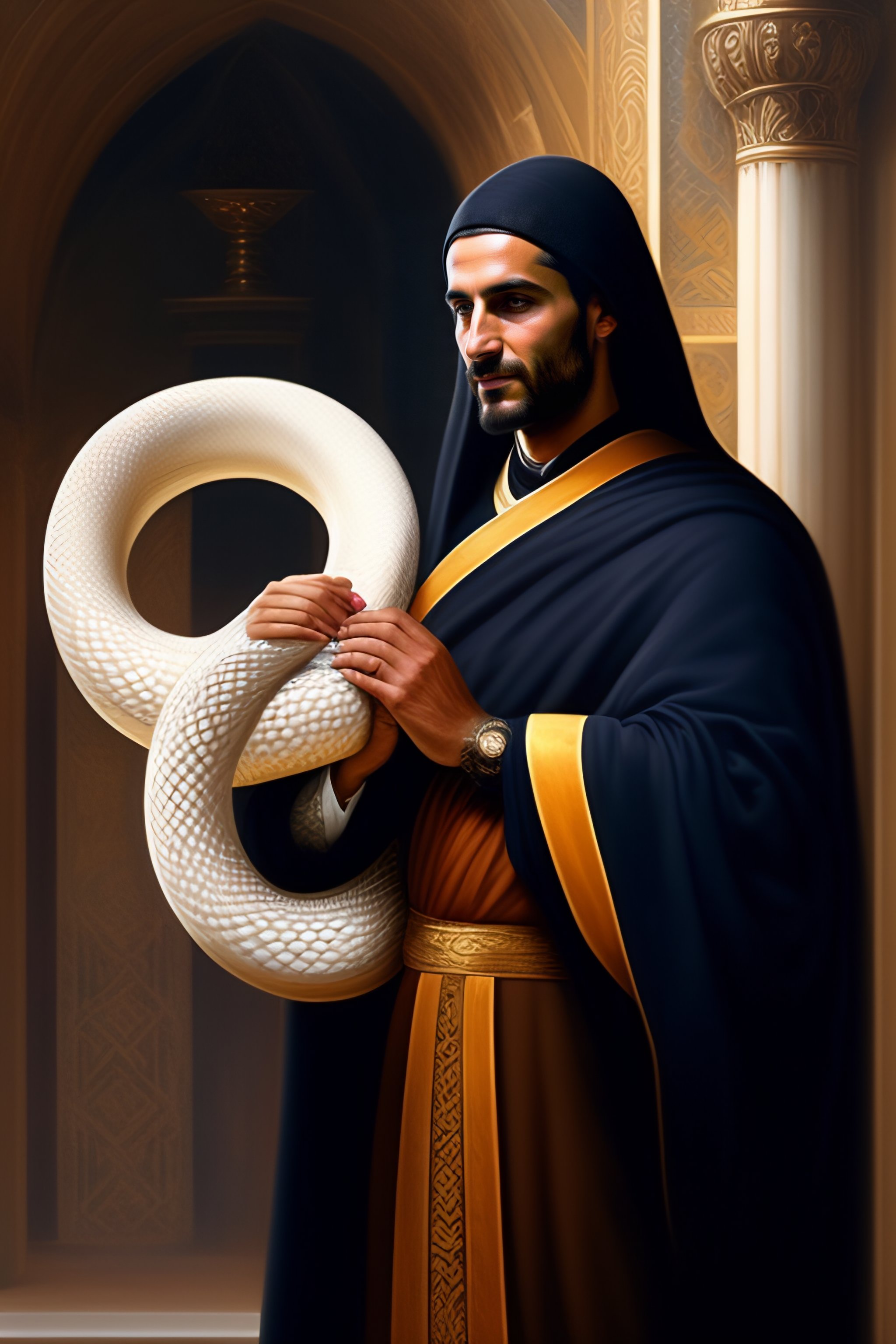 Lexica - Greek monk in dark robe hold a white snake