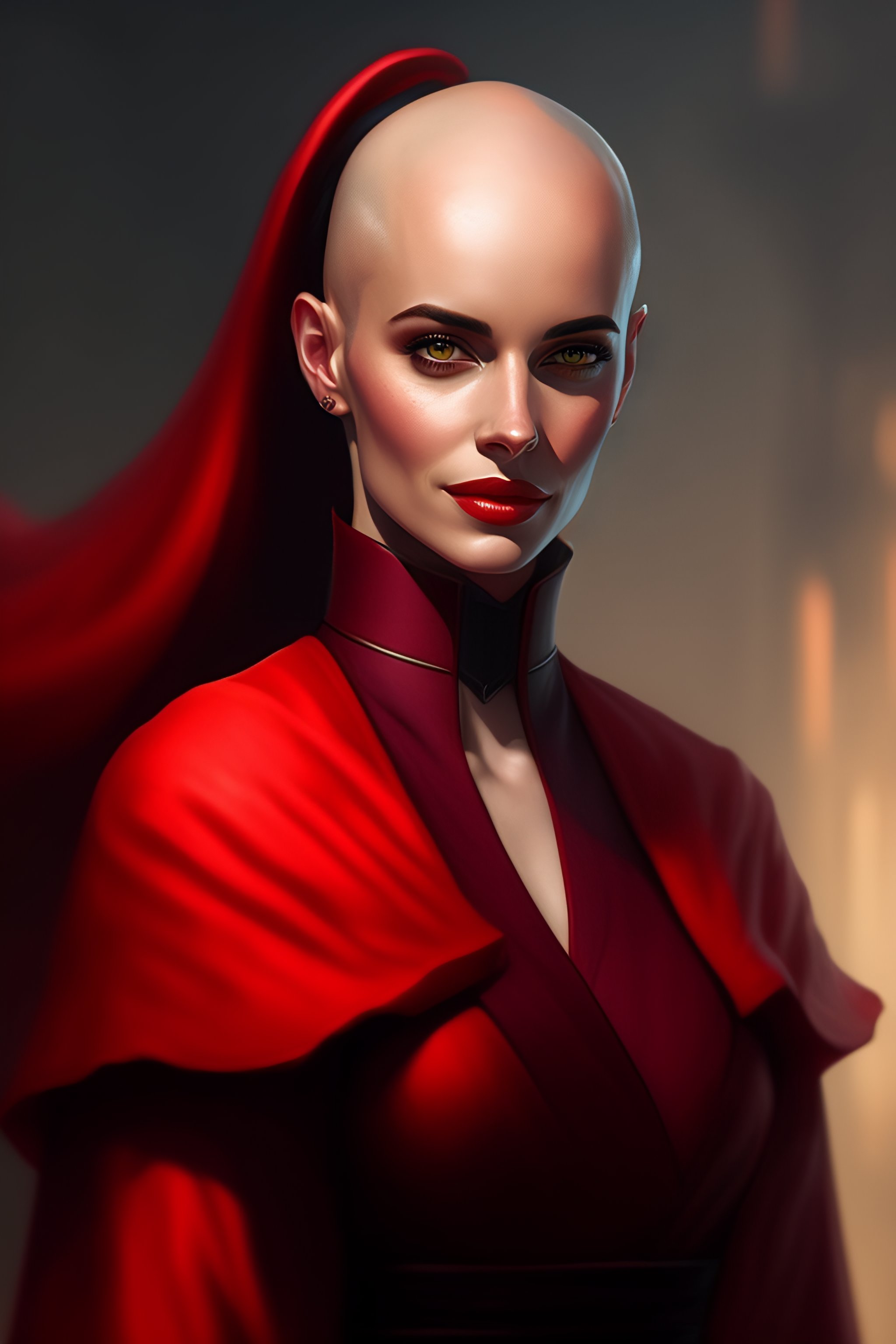 Lexica - Bald young pale woman, bald eva green, bald, dark red robes ...