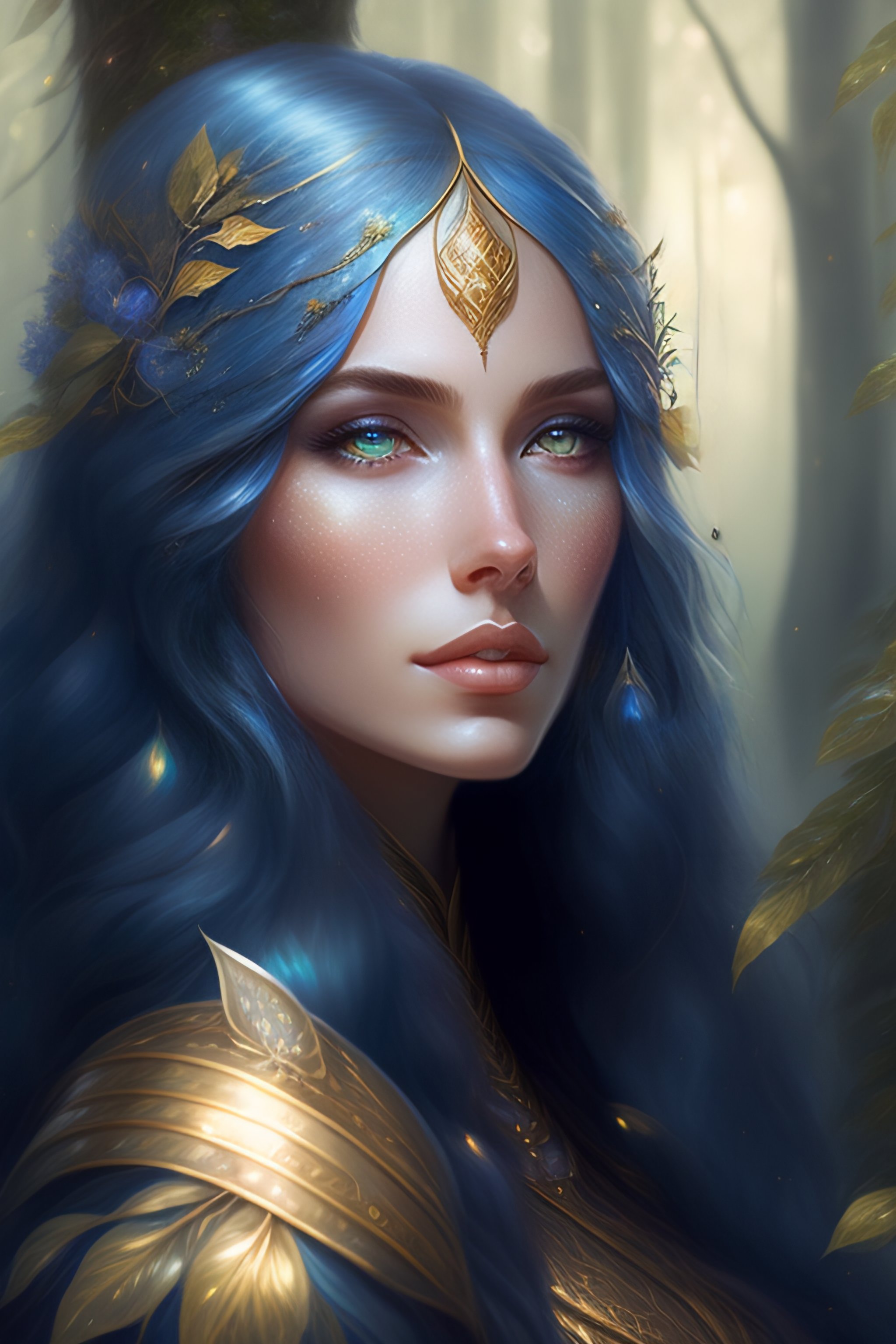 Lexica - A cute wizard elven, blue long hair, golden eyes, in a forest ...