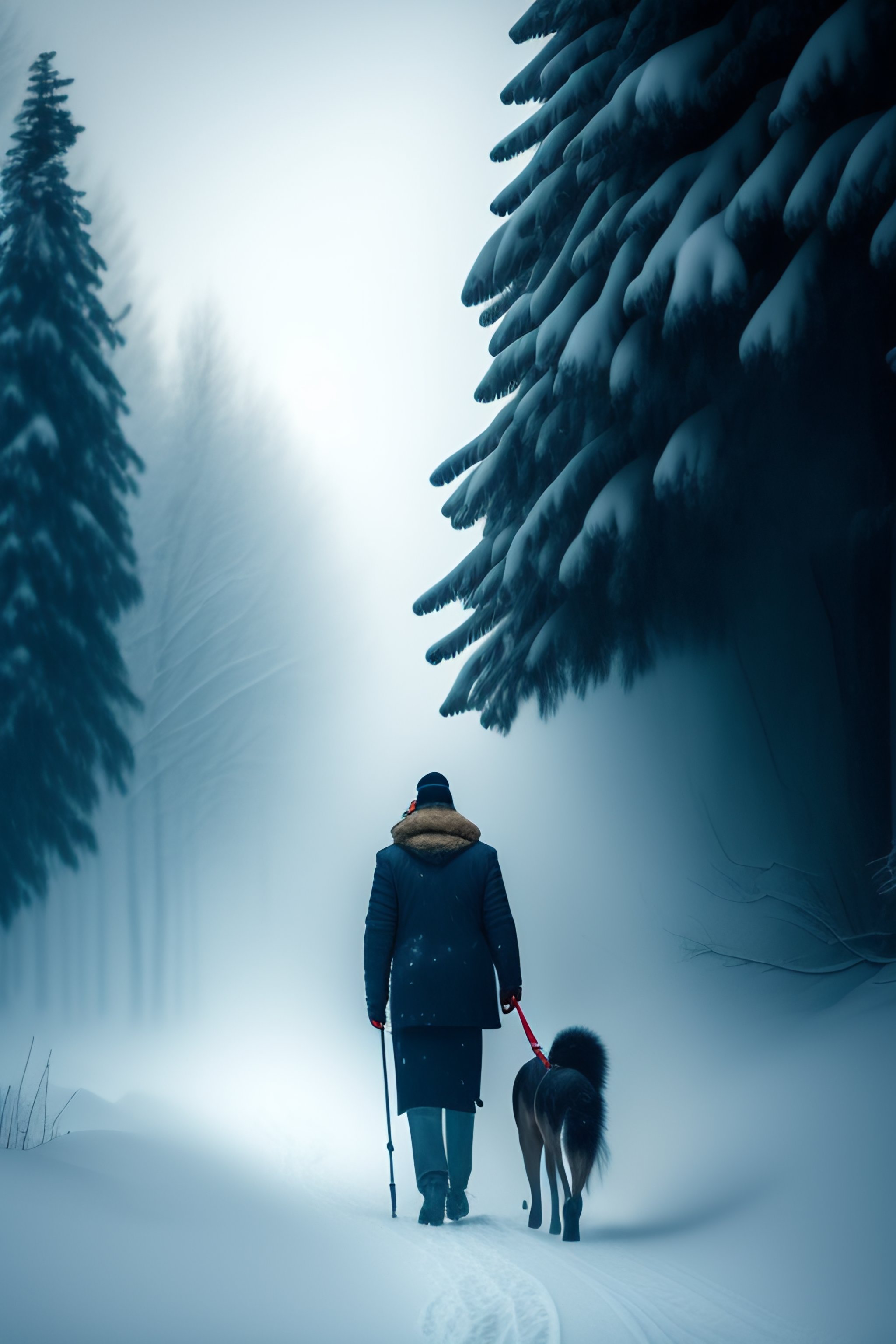 Lexica - Man is walking with his big dog in a winter landscape with ...