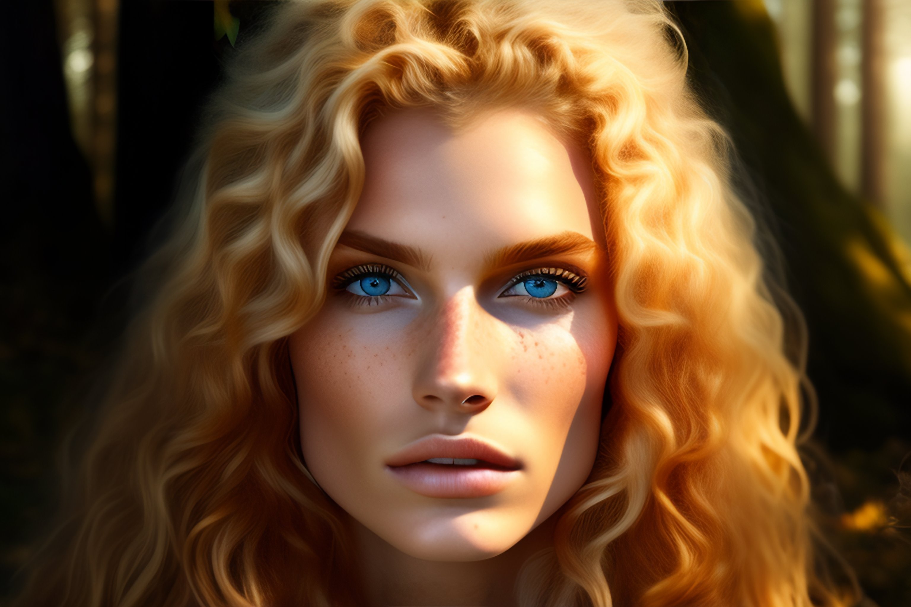 Lexica Blonde Wild Hair Orange Eyes Freckles Forest Woman
