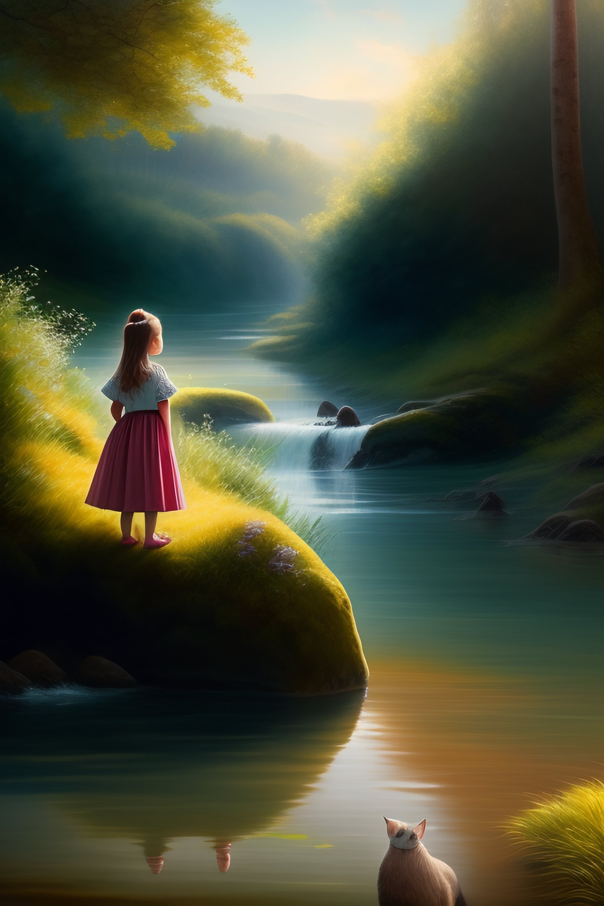 Lexica - A young girl facing us with her feet in the water of a stream ...