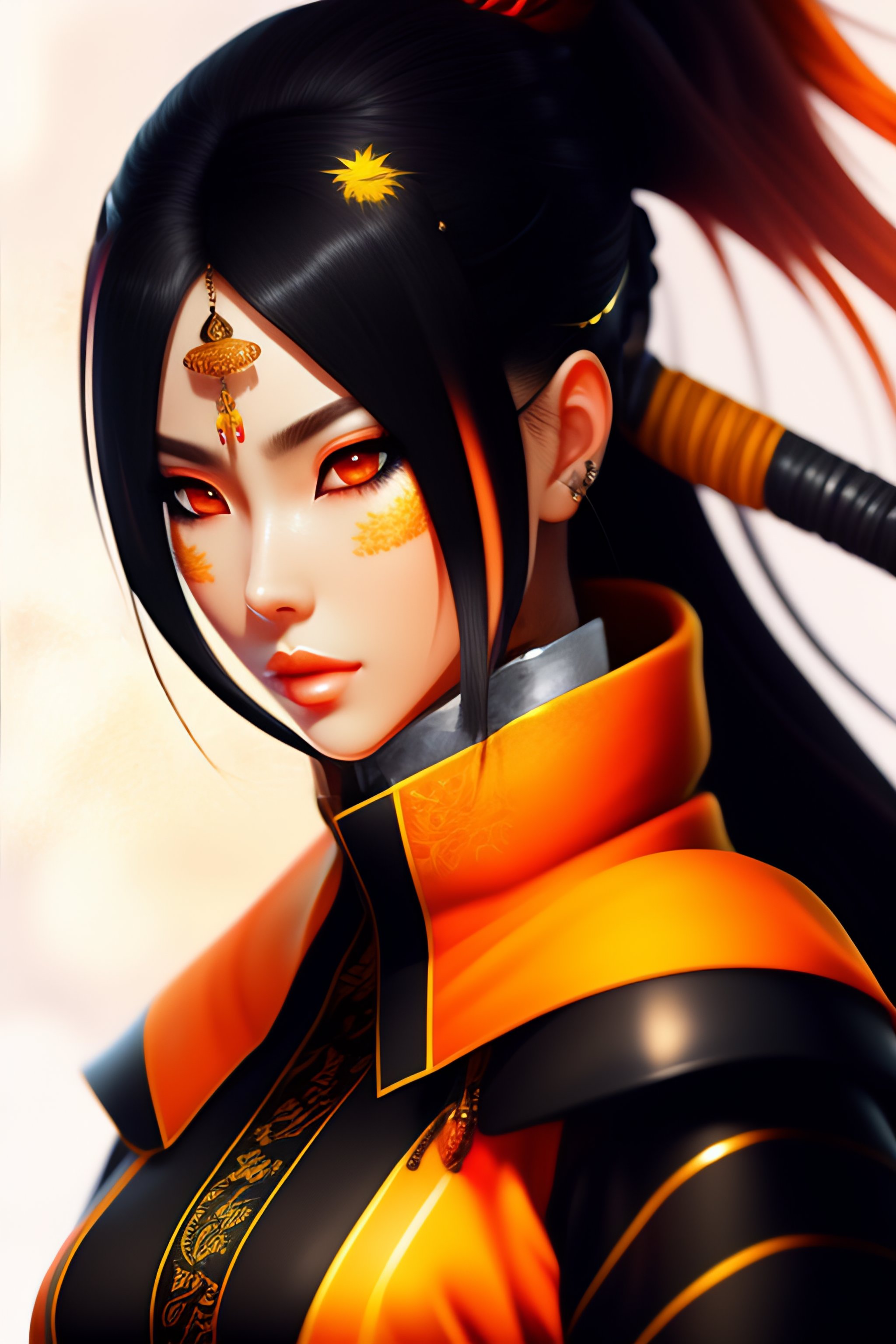 Lexica Samourai girl with japanese embroidered dress ,orange lips