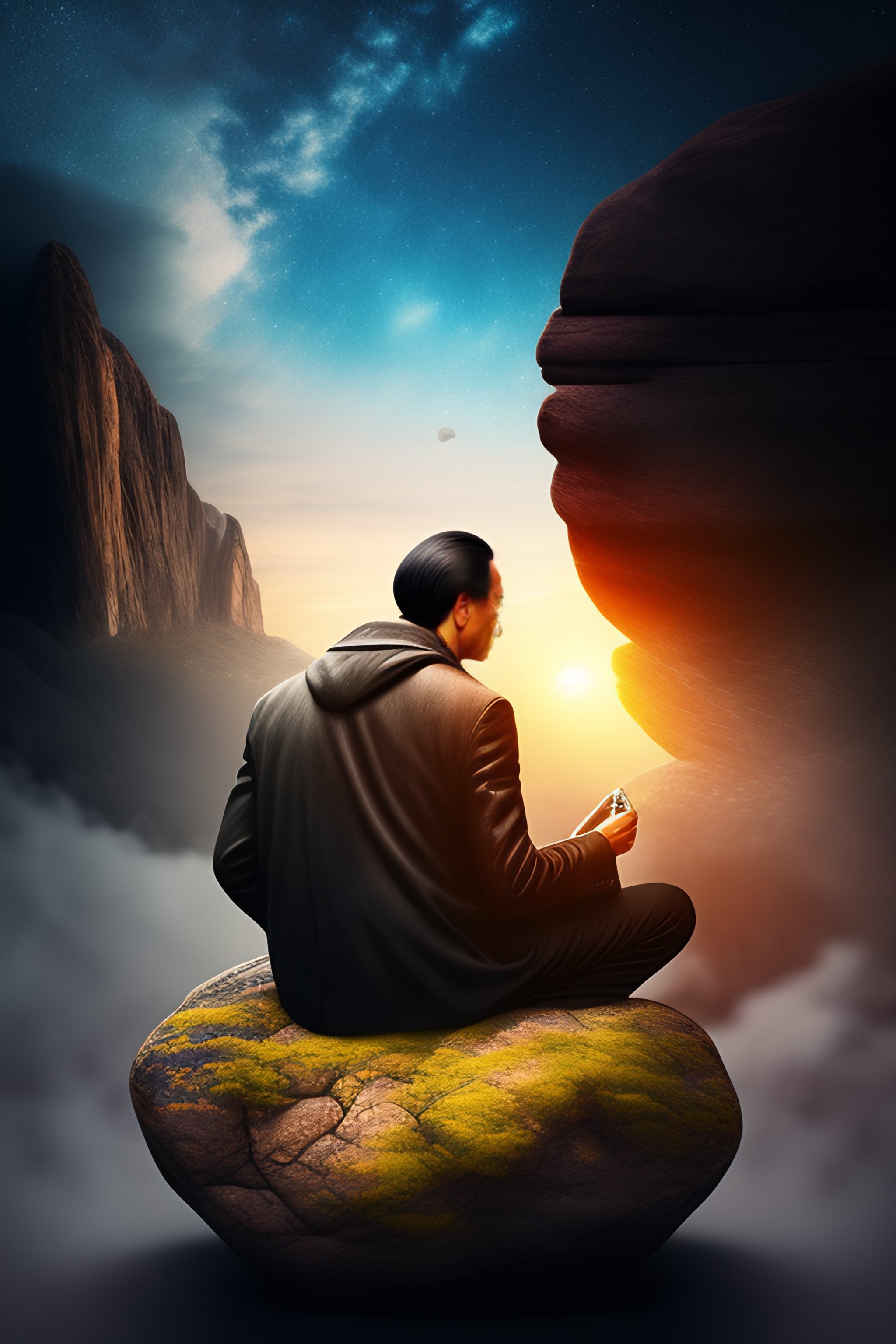 Lexica - A zen master siting n a rock and look at sky full of hope