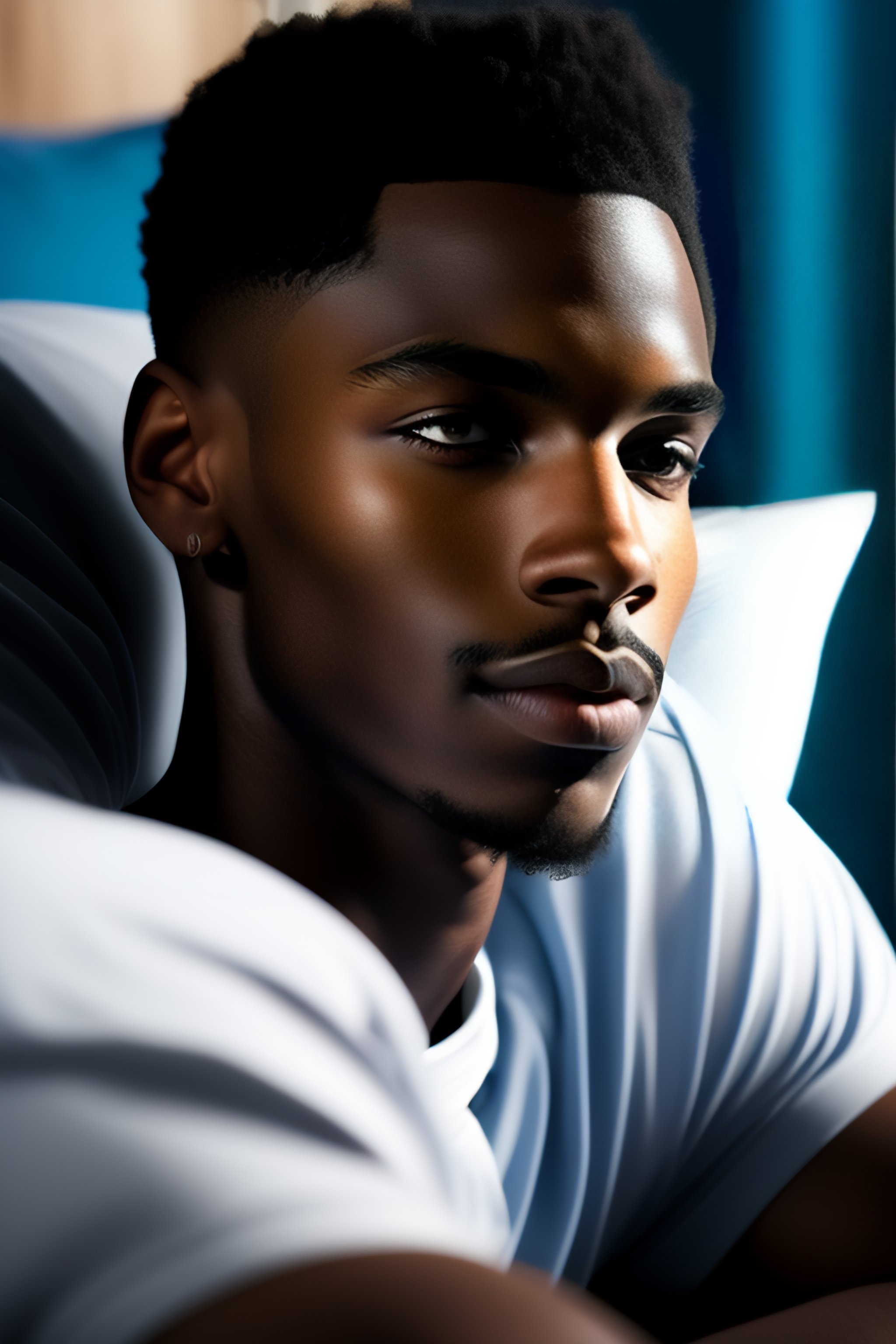 Lexica Lerion a 17 years old black African American handsome young man with dark hair and piercing blue eyes laying on his bed lost in thoughts