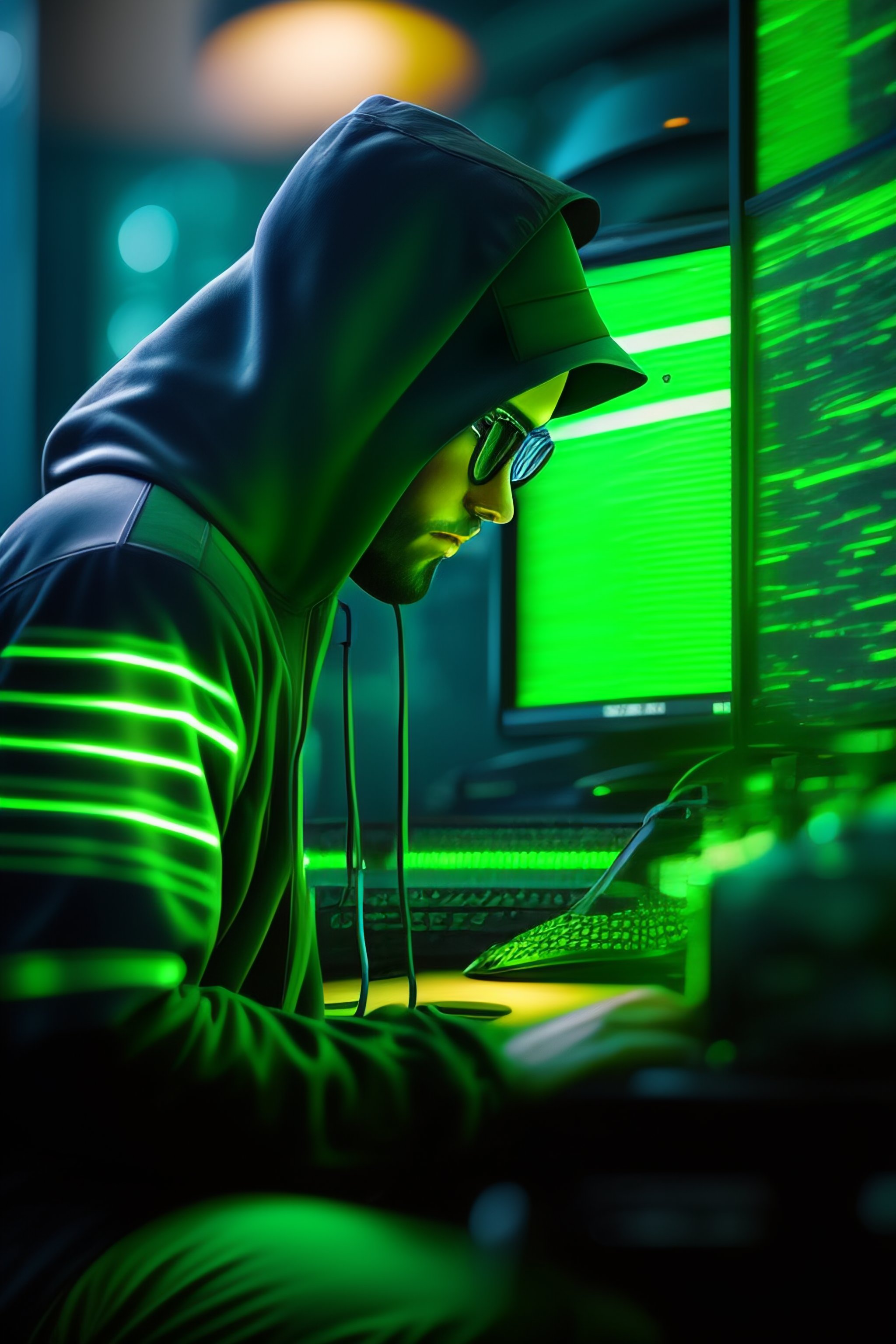 Lexica - A hacker sitting at his computer with green glare by raymond ...