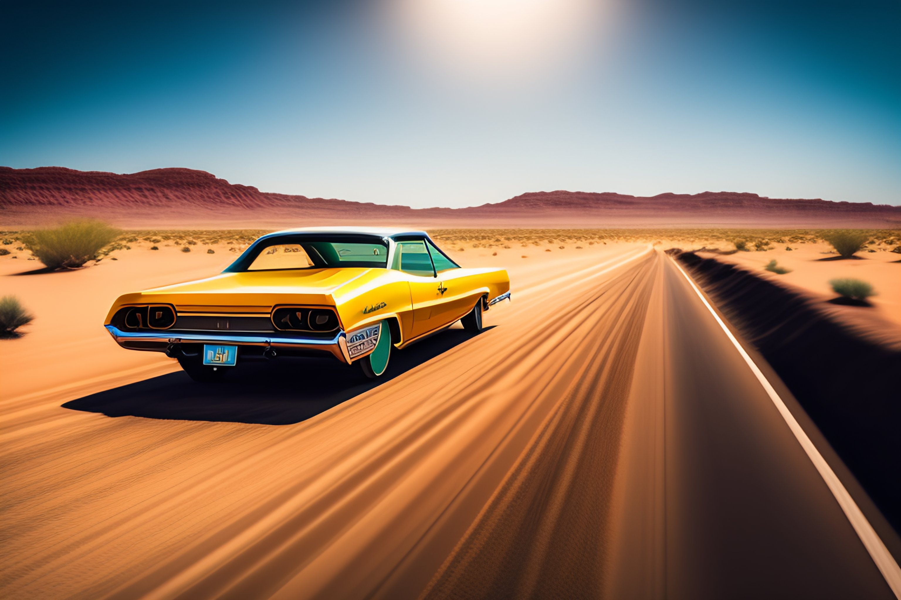 Lexica - A lowrider driving in a desert highway