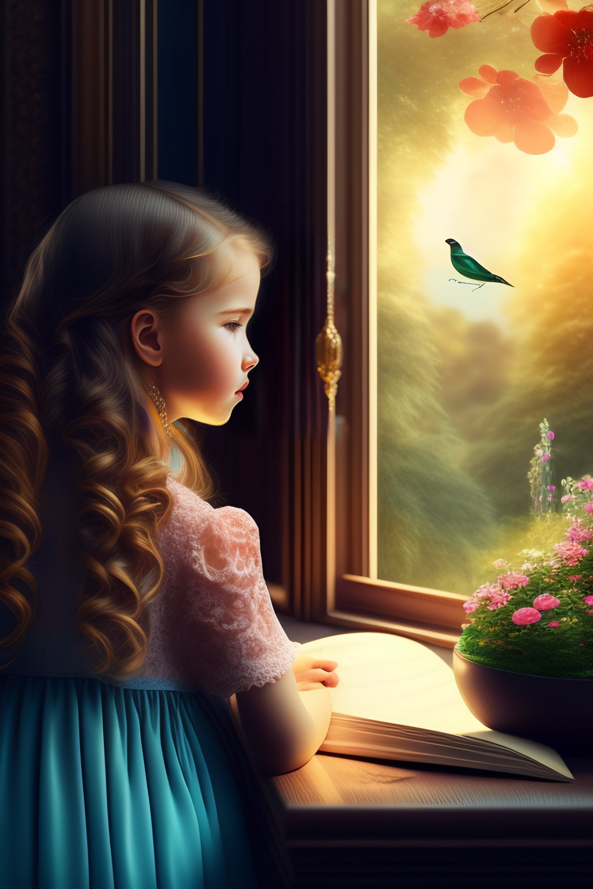 Lexica - Girl studying, royal room, birds chirping at the window and ...