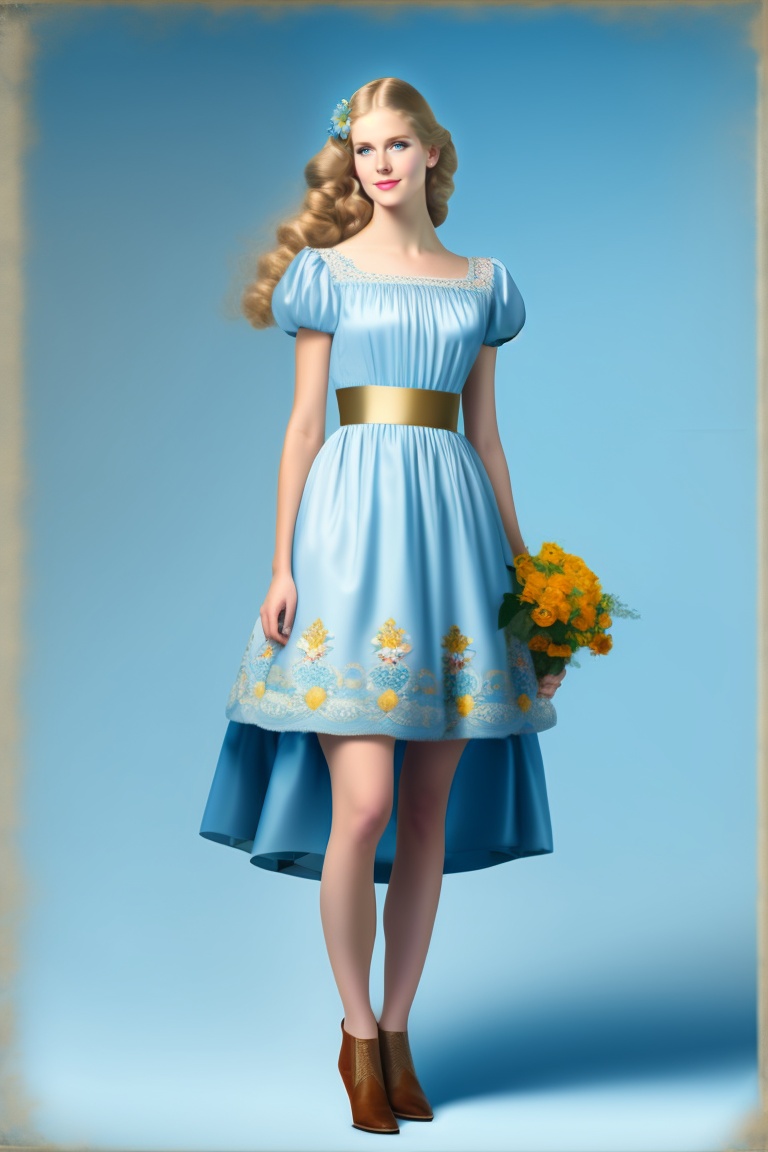Lexica - A young woman is standing in a light blue dress with golden ...