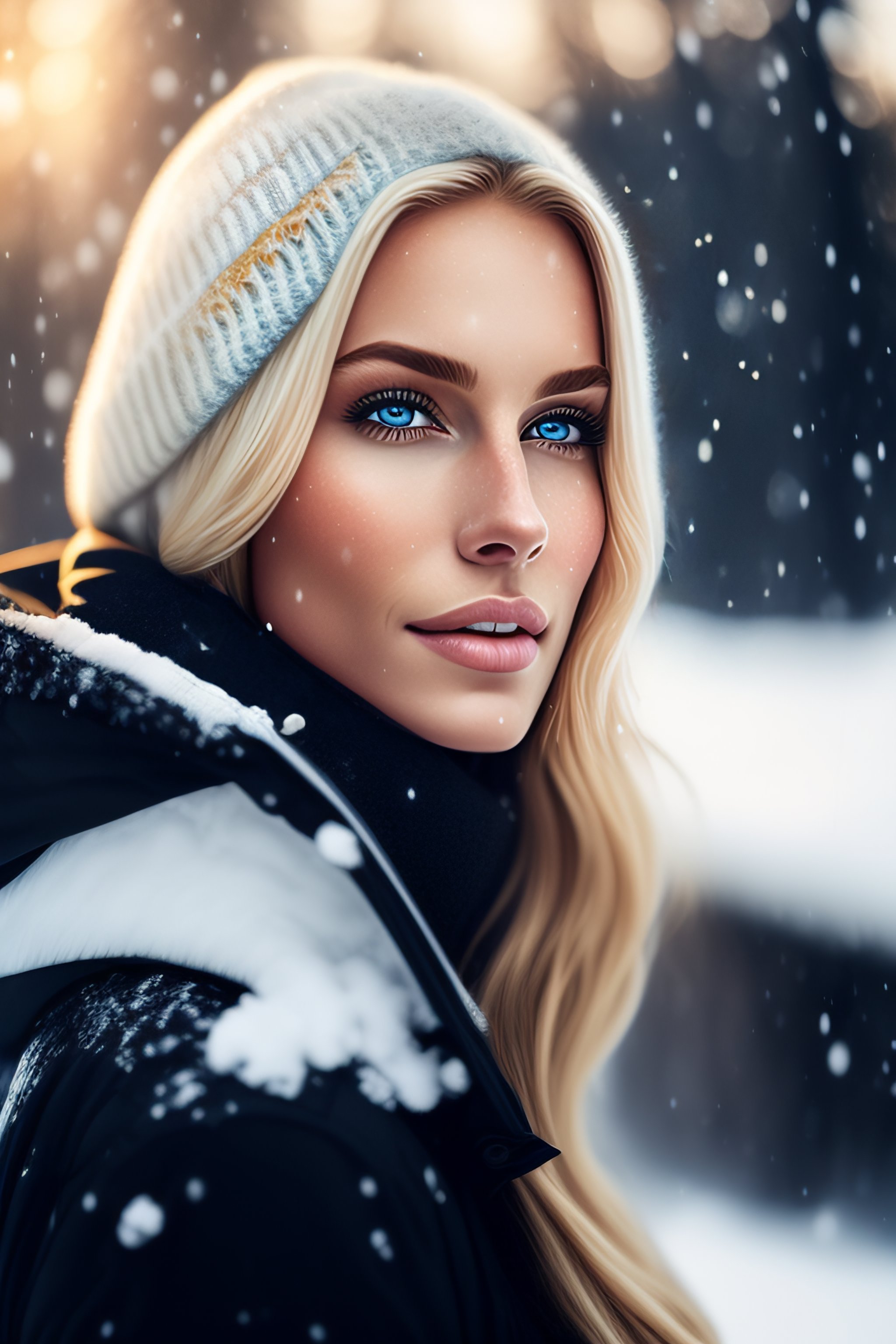 Lexica - Portrait of beautiful blonde lady playing in snow