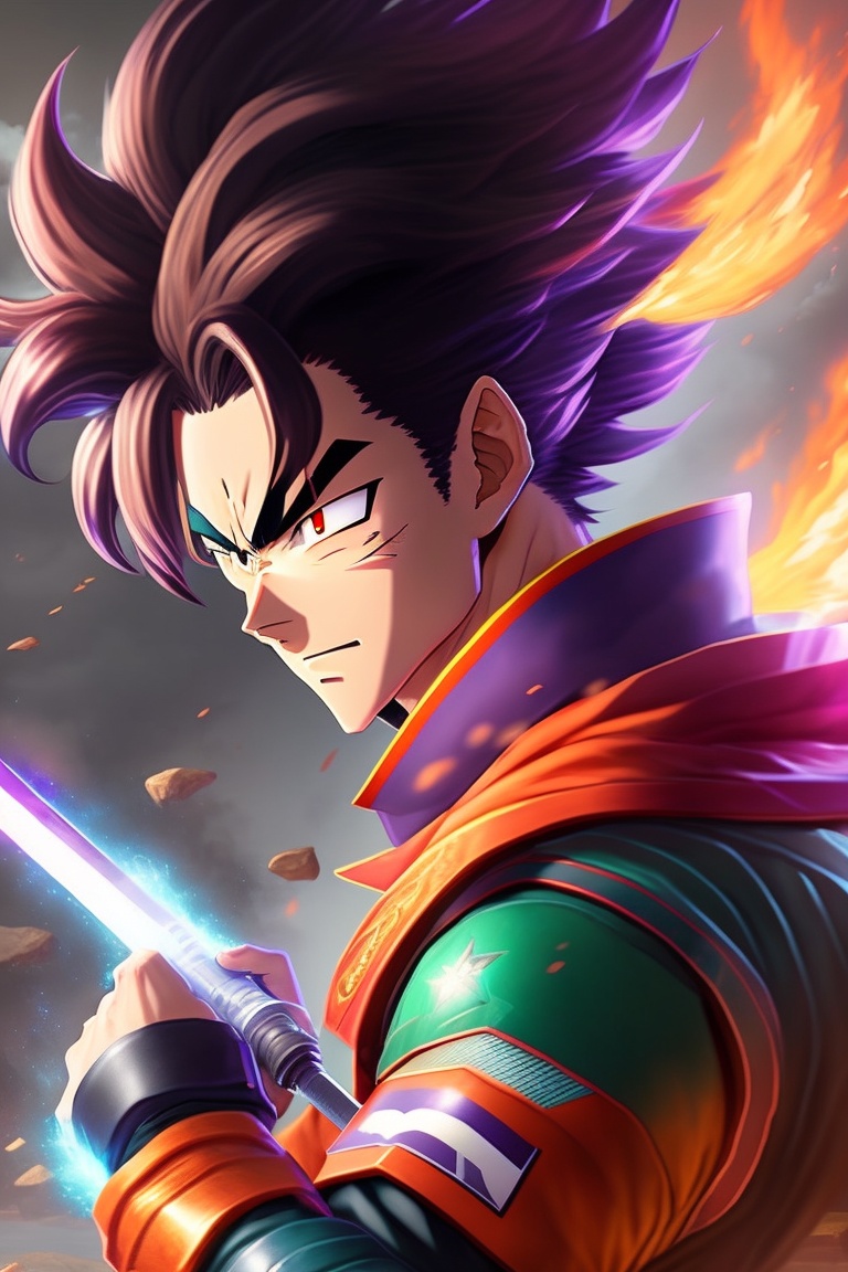 Lexica - Battle Goku vs Tanjiro, With cool effect Saiya. Tanjiro using  sword, with fire sword effect.