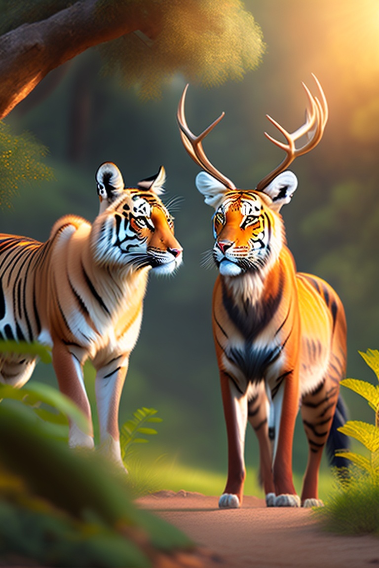 Lexica - Photography print of reindeer and tiger , standing together in ...
