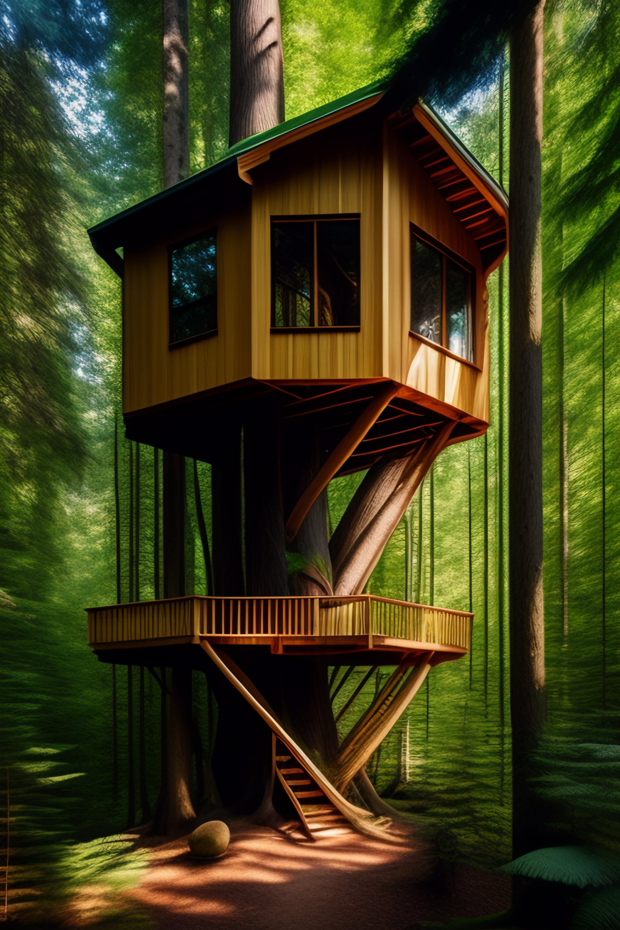 Lexica - Treehouse in lush forest, intricate woodworking, polaroid