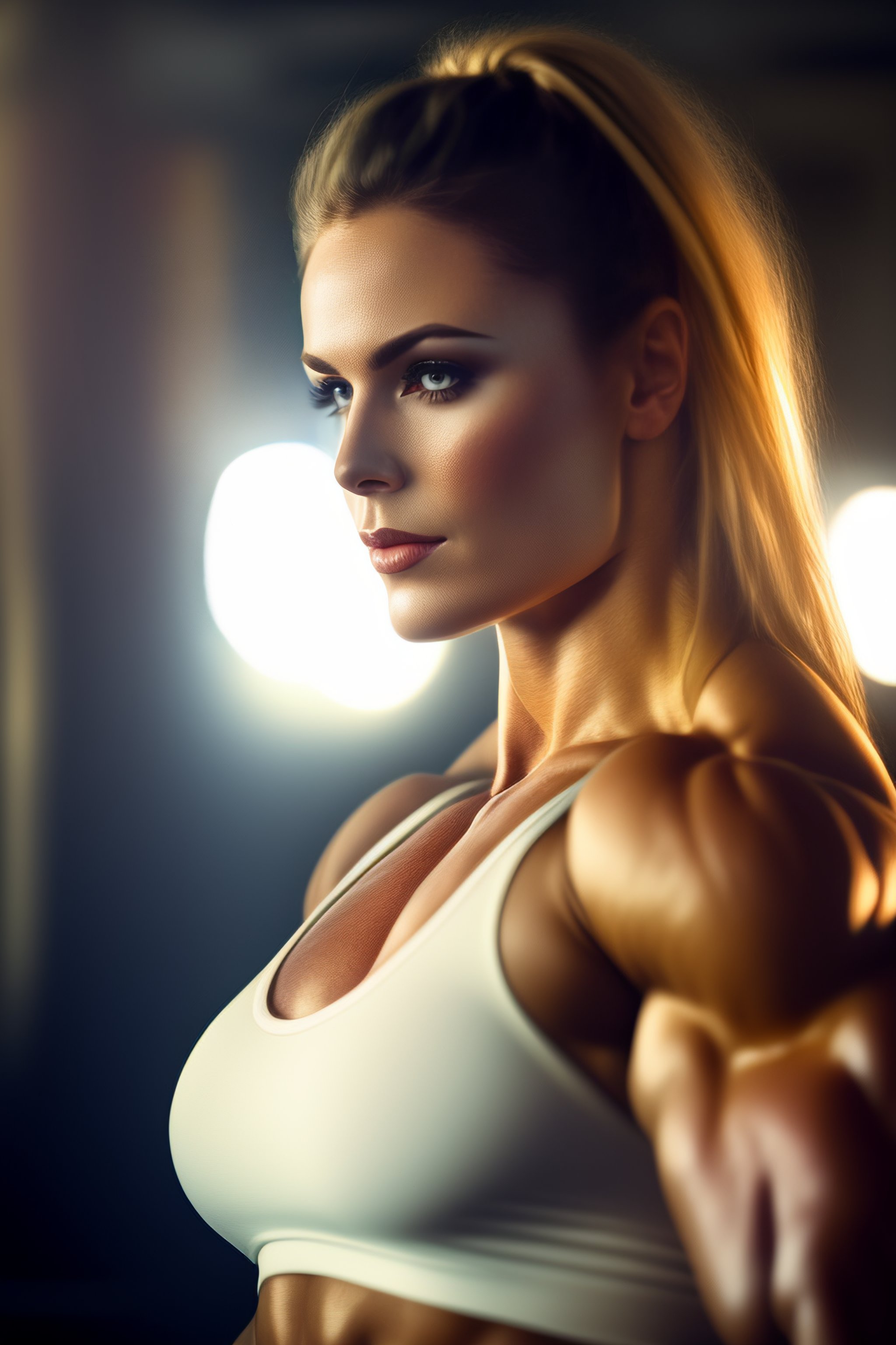 Lexica - Portrait of woman bodybuilder wearing short jeans, by ...