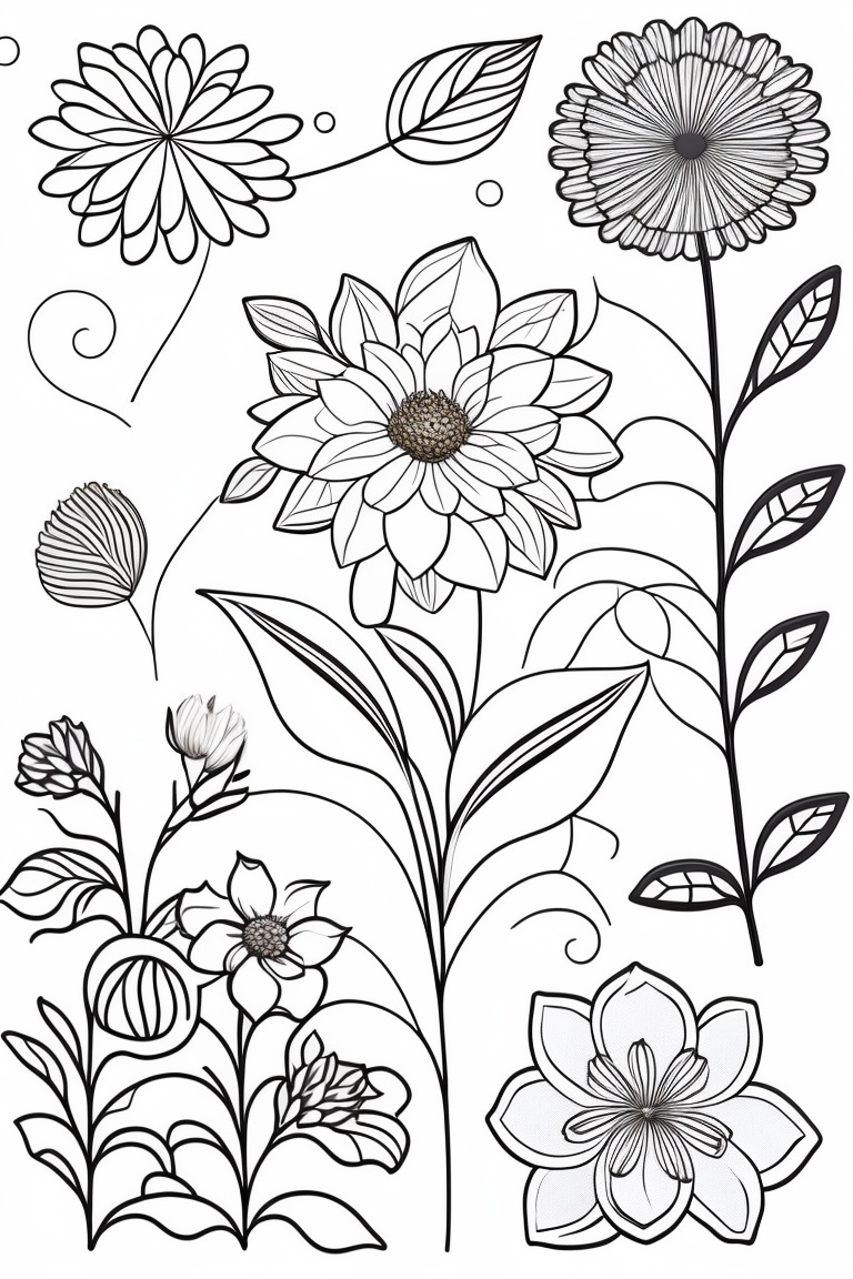 Lexica Simple floral patterns, incorporating flowers, leaves, and stems for coloring book with