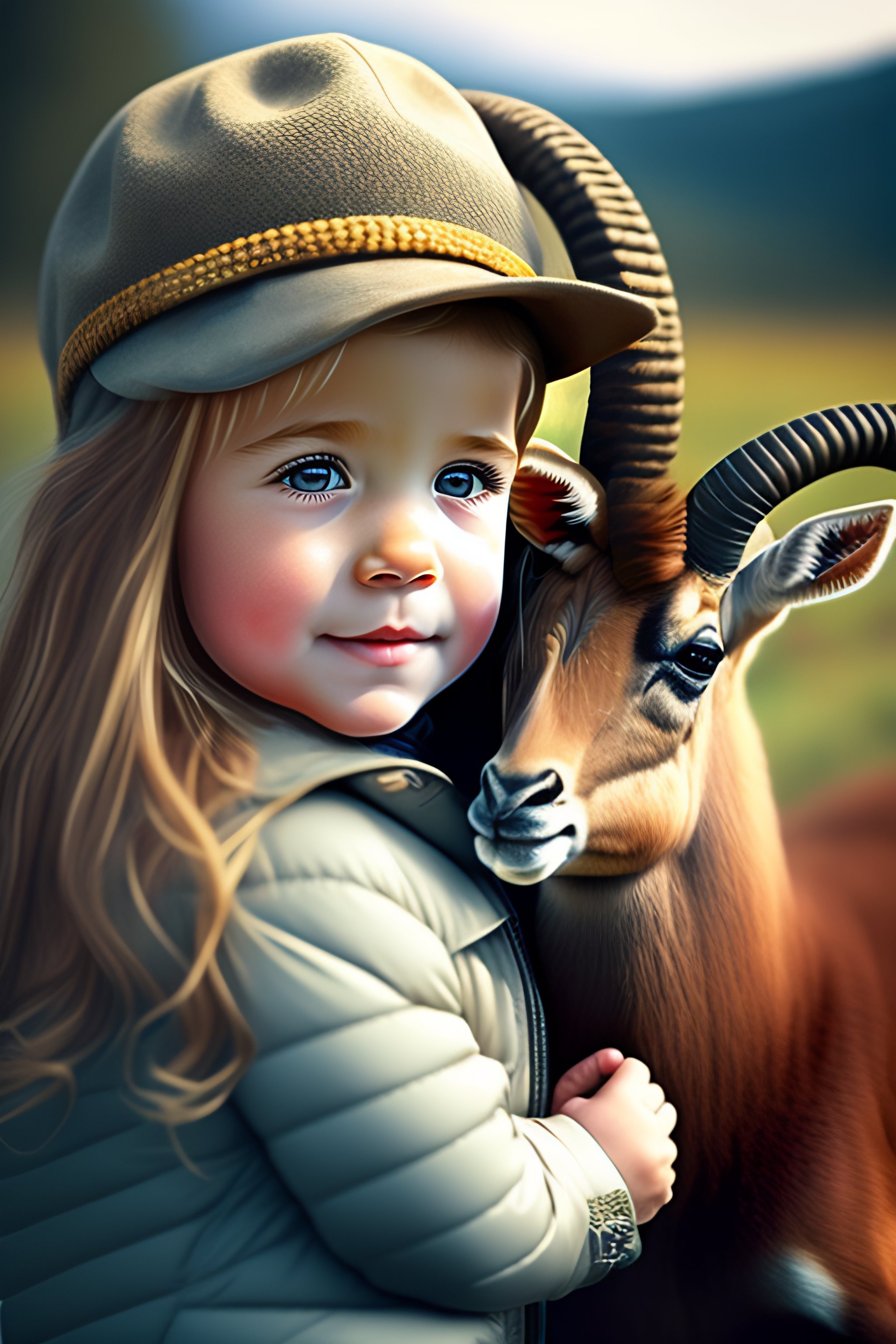 lexica-a-3-year-old-blonde-girl-with-a-hat-petting-a-cute-ibex